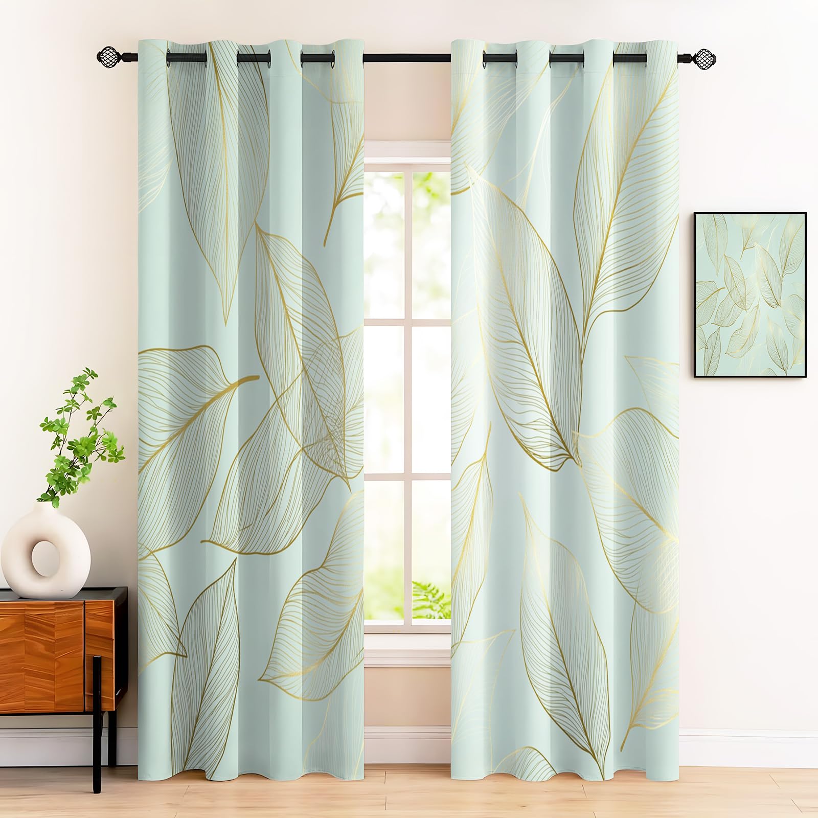 Rideaux à oeillets pour salon design couleur vert menthe et or