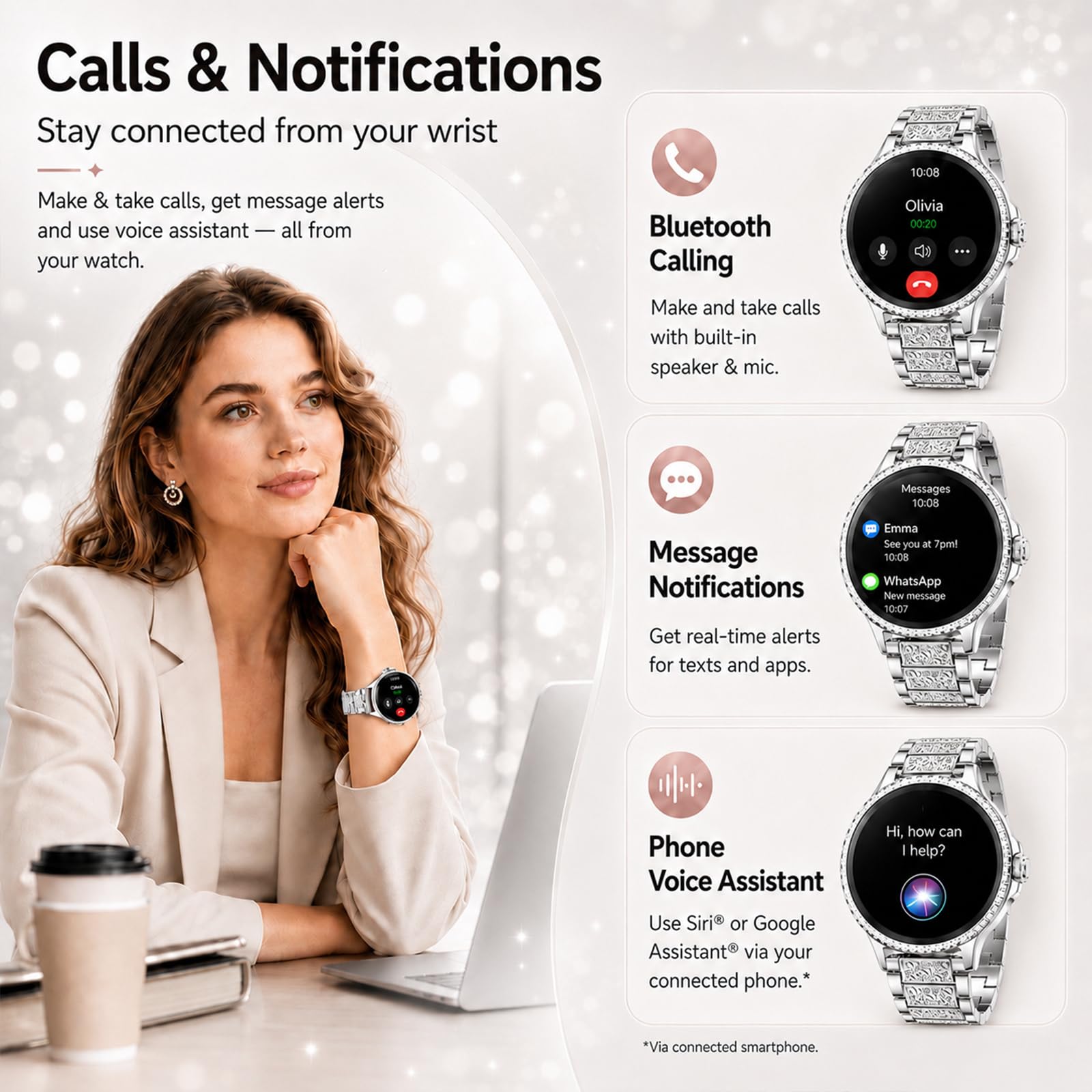 Montre Connectée Femme Ronde avec Appel Bluetooth, 1,27" Smartwatch Femme avec Bracelet en Acier avec Strass, SpO2 Fréquence Cardiaque Sommeil, 120+ Modes Sport, Étanche IP68 pour Android iOS, Argent