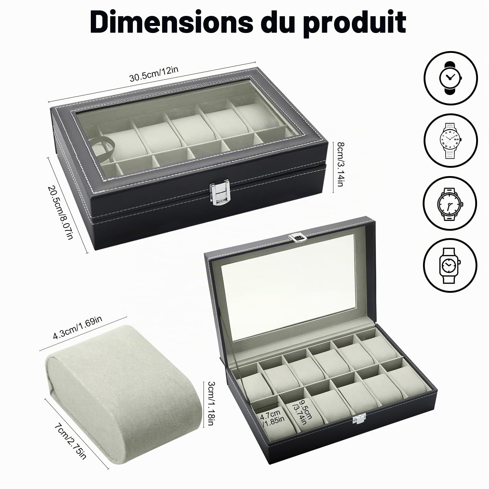 Boîte à Montres 12 Emplacements Coffret à Montres en PU Cuir avec Coussinets Amovibles Rangement Montre Universel Homme Femme Cadeau Anniversaire Action de Grâce