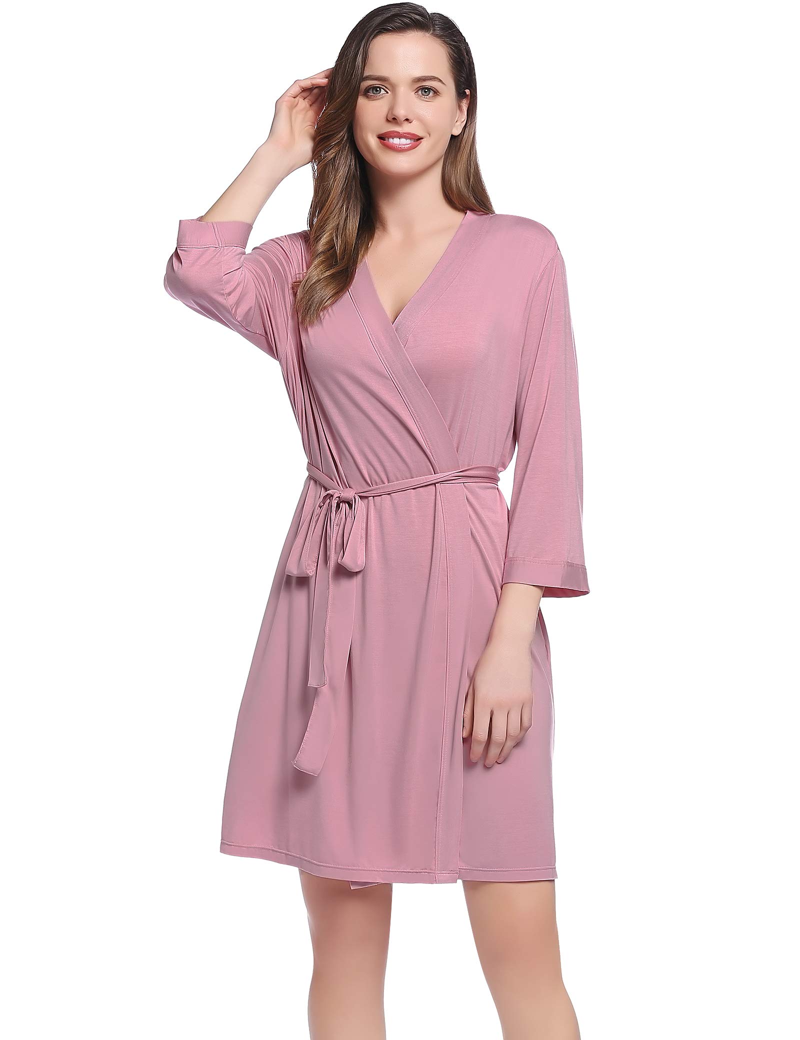Amorbella Bamboo Travel Dressing Gown Ladies Ultra Soft Thin Jersey Bath Robes for Night Sweat (Dusty Pink, X-Large)
