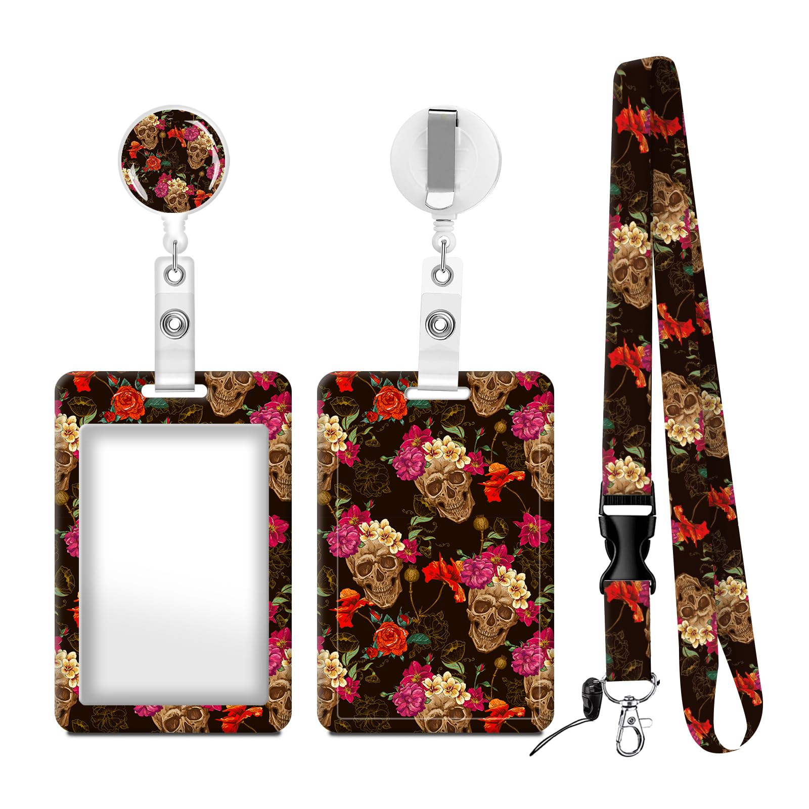 AKTDQ ID Badge Holder with Lanyard, Retractable Badge Holders Reels with Lanyards Adjustable, for Women Kids Teacher Nurses Doctor Student(Cute Skull