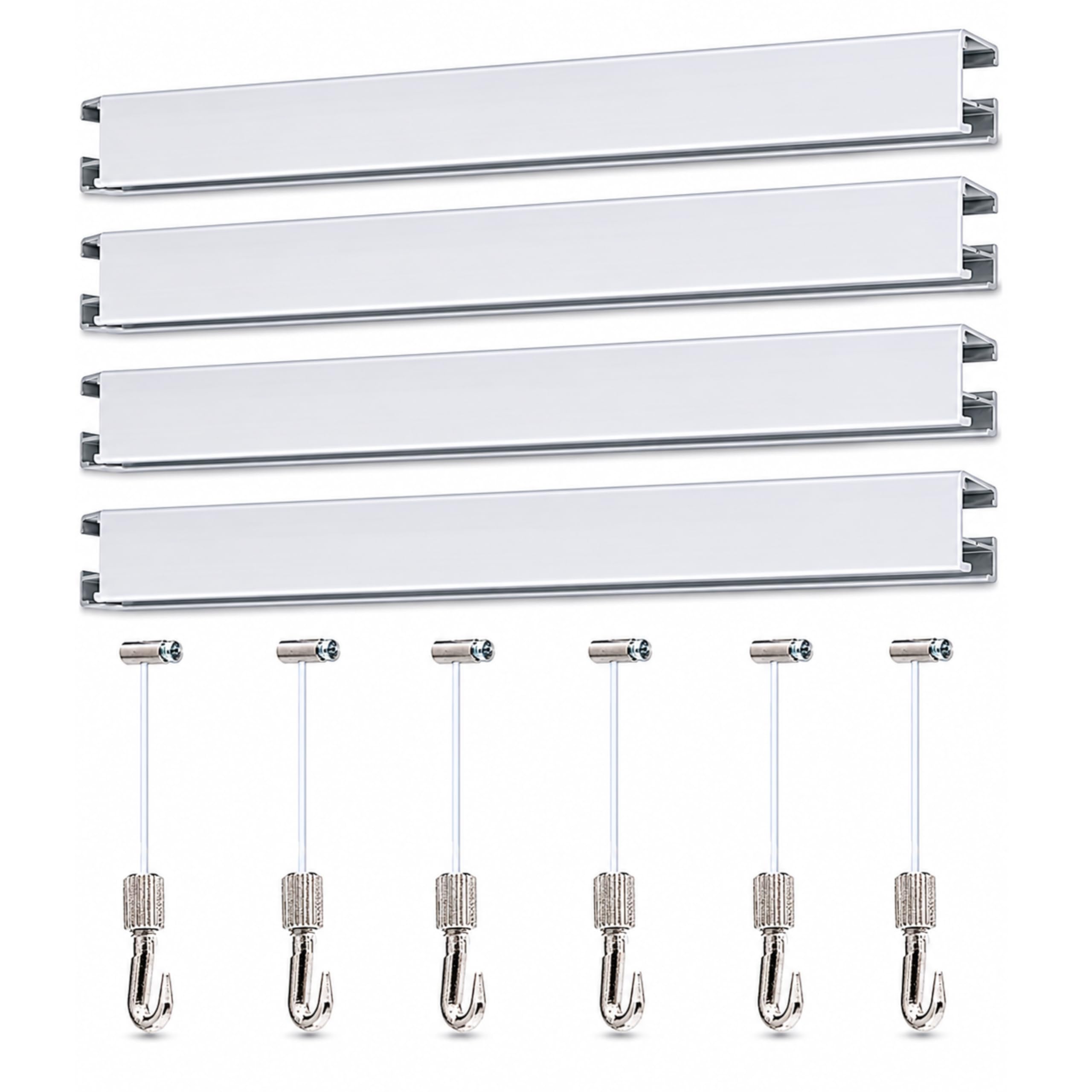 riel colgar cuadros pack 6 metros Eurohang guías aluminio Blanco mate 150 cm con 6 colgadores FAST nylon clips tapas tornillos