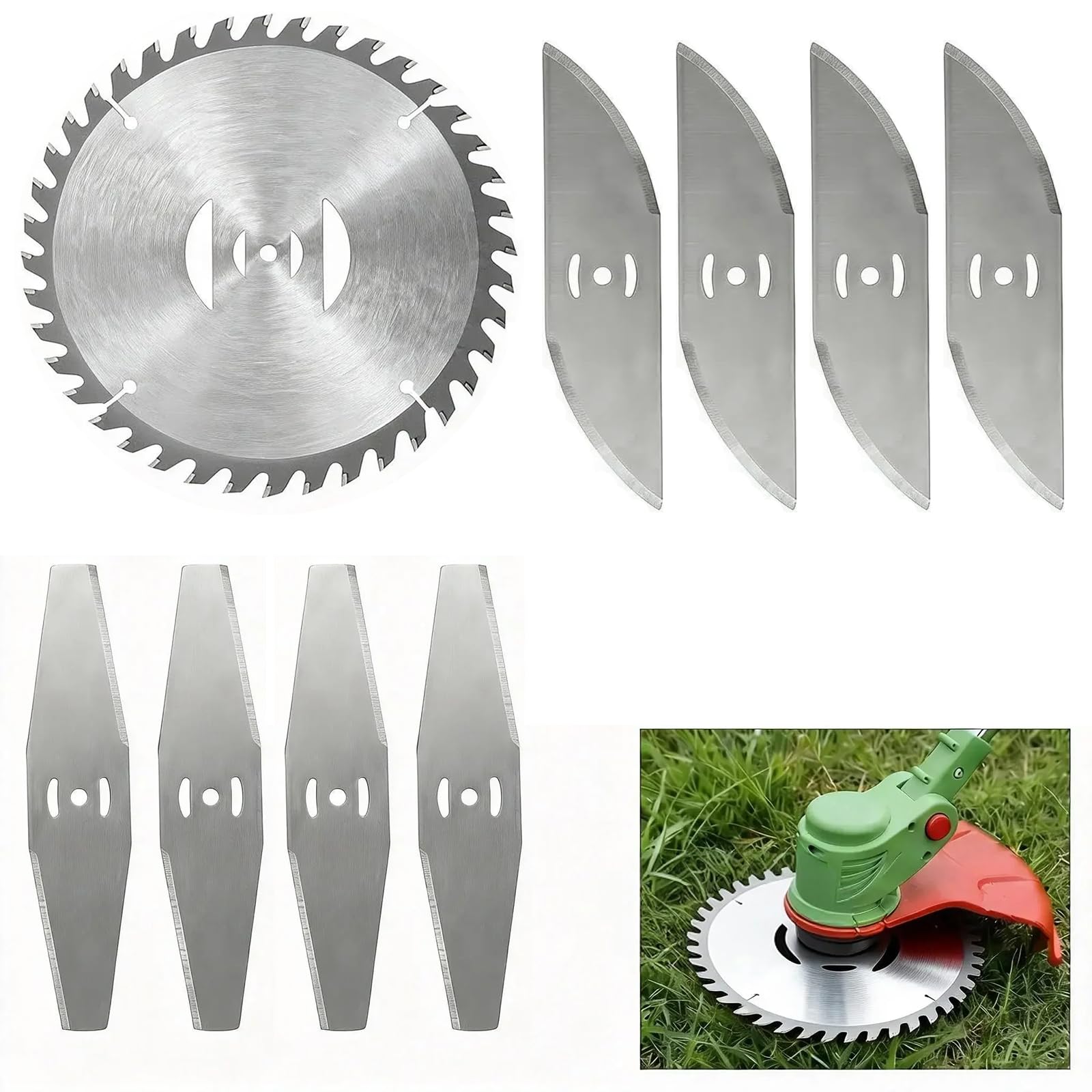 9Pcs 6-Inch Metal Strimmer Blades, Grass Trimmer Blades, Brush Cutter Replacement Blade for Cordless Strimmer, Stainless Steel Spare Blades Set with a Round, 4 Diamond-Shaped and 4 Crescent-Shaped