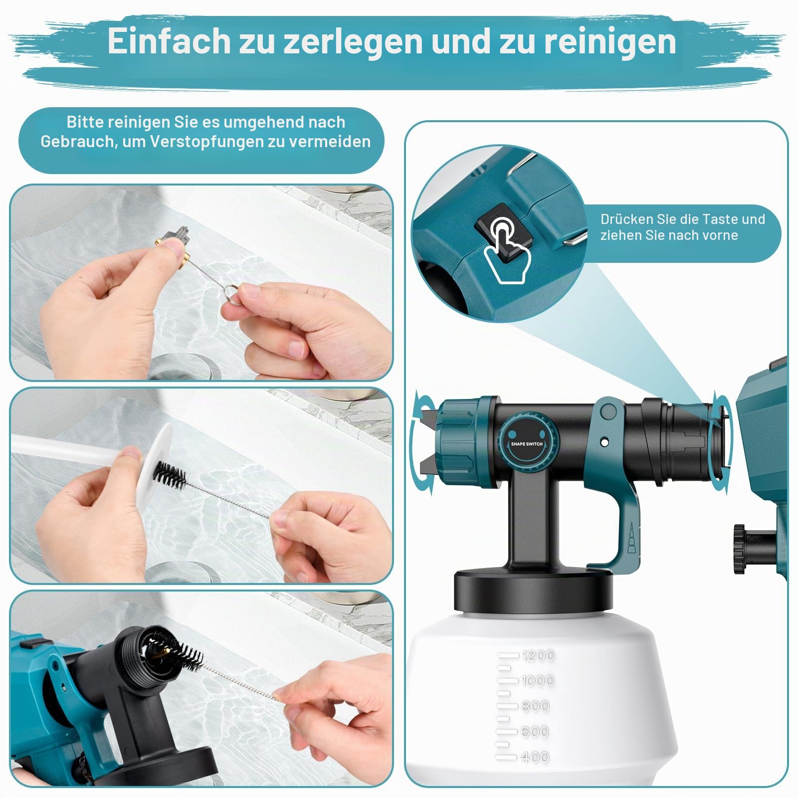 Farbsprühsystem, 700W HVLP Lackierpistole Elektrisch, 1200ml Verstellbarem Farbfluss Farbsprühpistole, Paint Spray Gun Mit 5 Düsen für Zäune, Schränke, Wände, Decken, Möbel