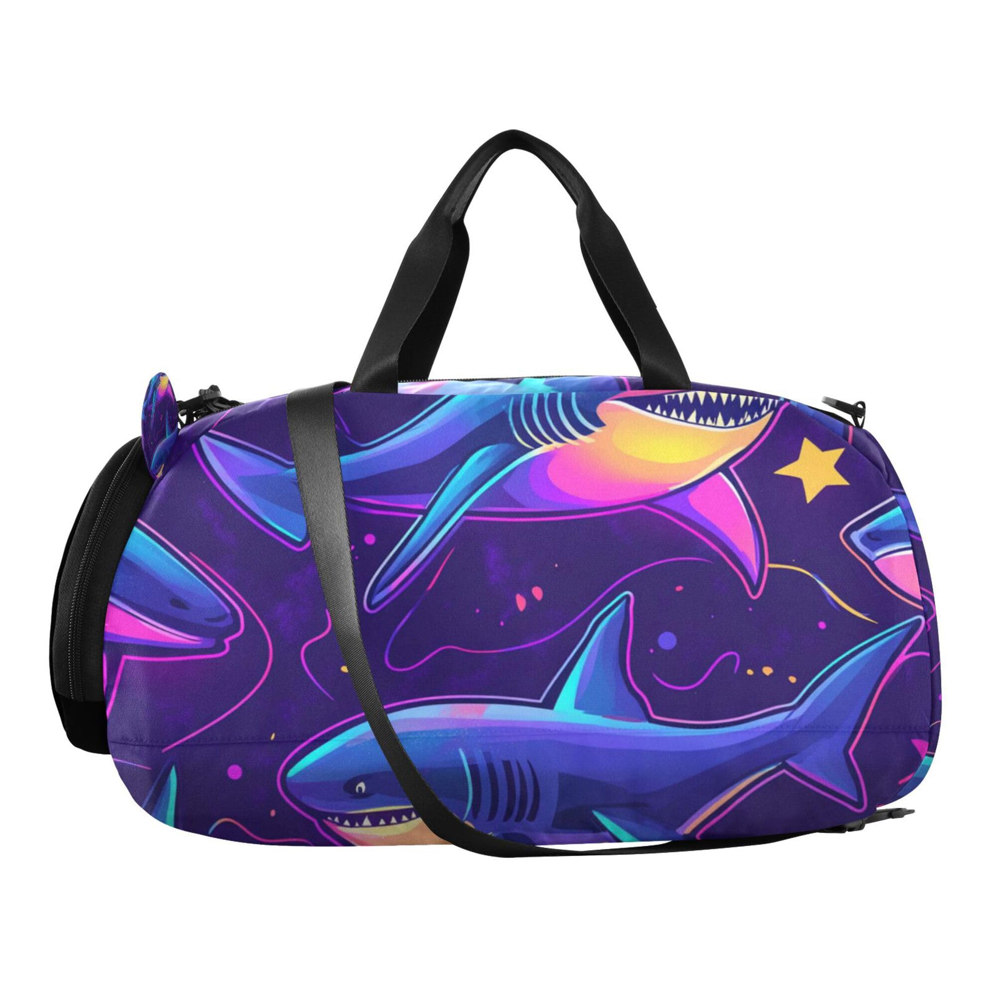 Glaphy Sharks Funny Duffle Bag for Toddler Boys Girls, Gym Sports Bag with Shoe Compartments, Kids Travel Overnight Weekender Shoulder Bag