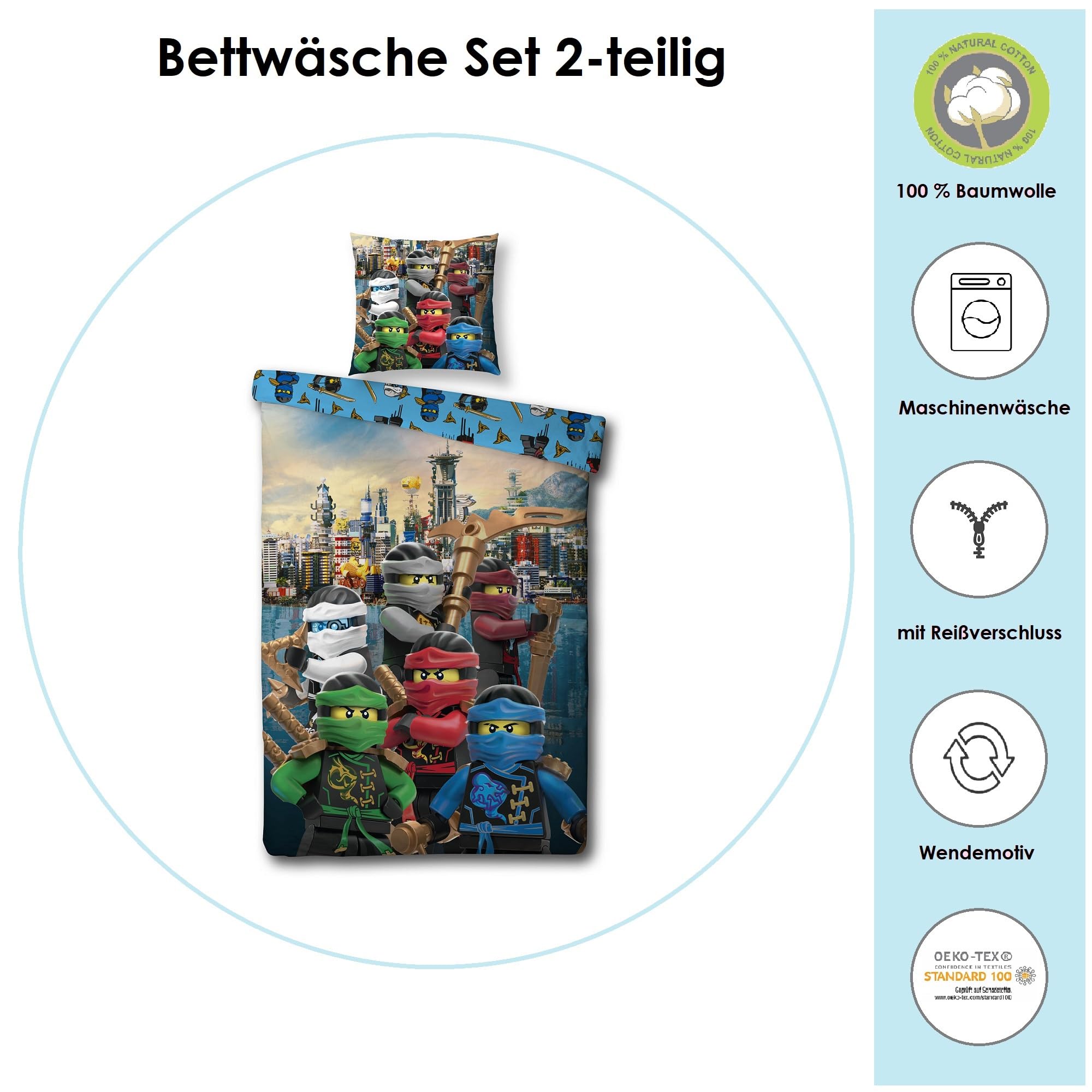 Character World Ensemble de literie et taie d'oreiller en coton Lego Ninjago (135 x 200 cm) 135 x 200cm