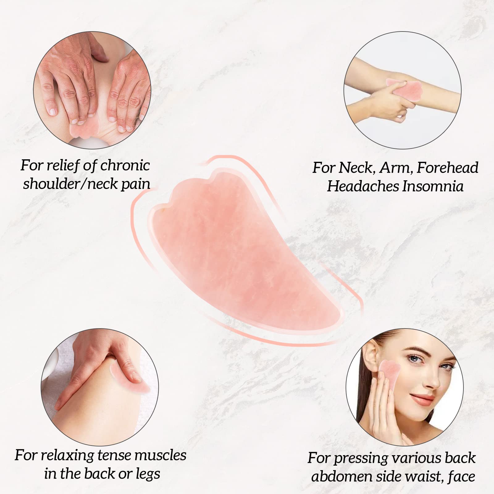 Gua Sha - Juego de 3 herramientas de masaje Guasha de cuarzo rosa, herramienta de raspado para cara, cuello, ojos y cuerpo, piedra de jade Guasha, paquete de 3 (rosa)