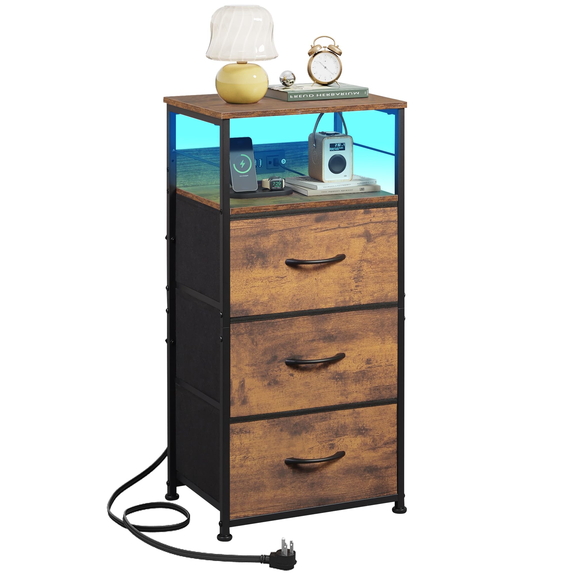 wlive nightstand with charging station led night stand with 3 fabric drawers and storage shelf 319334 h bedside table with usb ports and outlets for bedroom rustic brown