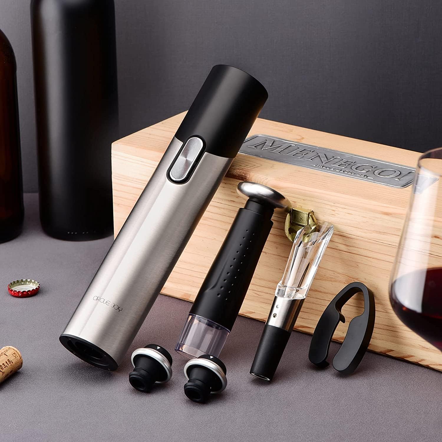 CIRCLE JOY Elektrischer Korkenzieher, 7 in 1, wiederaufladbar, Geschenkset für Wein und Bier, mit Sockel, Folienschneider, Weinbelüfter, Vakuumpumpe und 2 Weinkorken