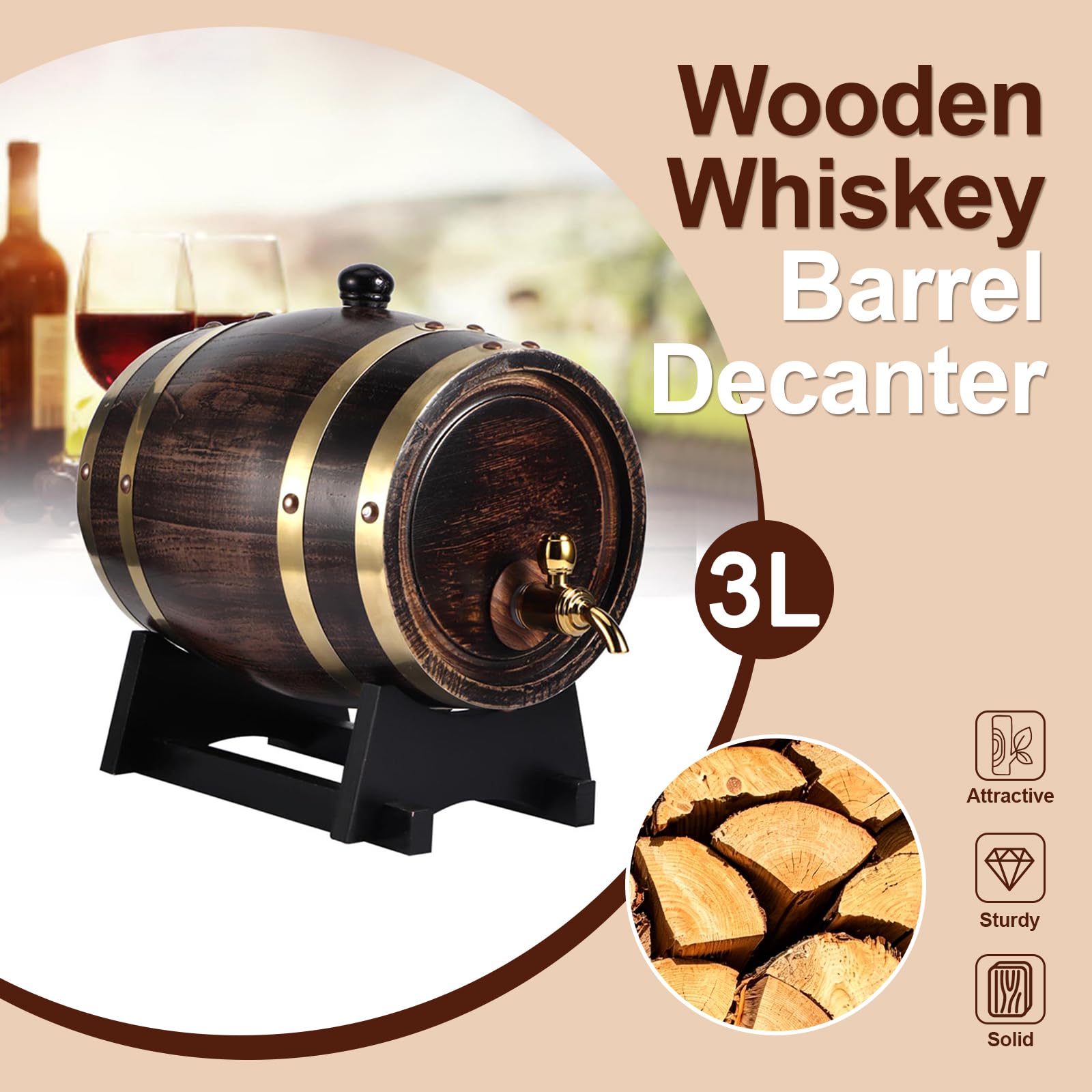 Dispensador de Barril de Whisky de 3 Litros, Barril de Envejecimiento de Roble, Barril de Whisky para el Hogar, Barril, Contenedor Con Grifo Para Brandy, Vino, Cerveza