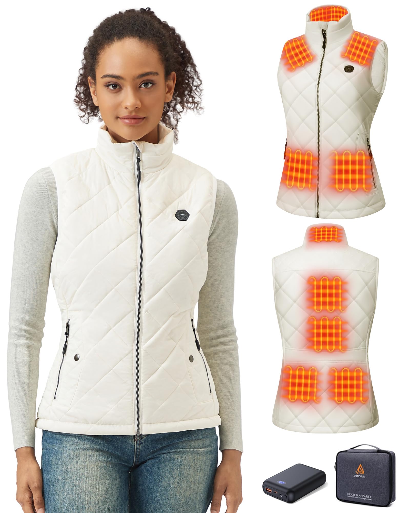 Gilet Chauffant Femme 7,4V 16000mAh 9 Zones Chauffage 3 Températures Réglables Doudoune Chauffante Plein Air Randonnée Ski