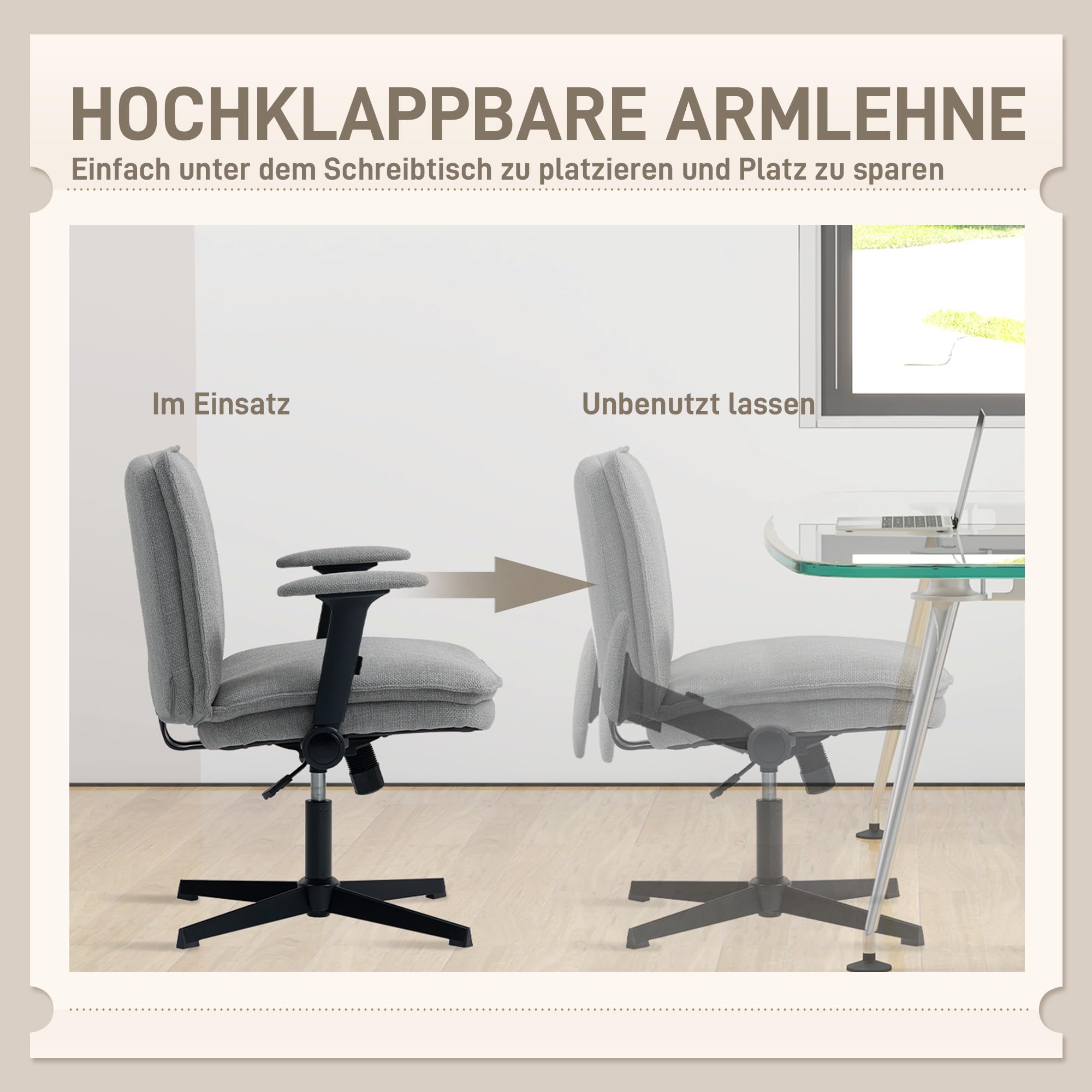 HOMCOM Bürostuhl Schreibtischstuhl mit Hochklappbaren Armlehnen Grau | Breite Sitzfläche, Höhenverstellbar, Schneidersitz Stuhl, Drehstuhl, Leinenoptik, für Home-Office