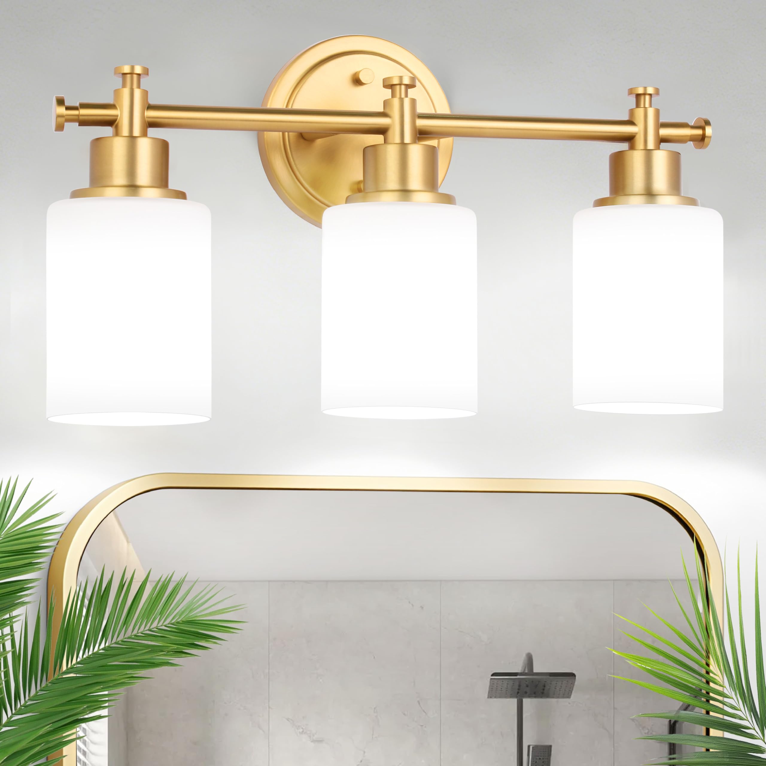3-Light Bathroom Vanity Light, Brushed Gold Vanity Lights for Bathroom, Modern Champagne Gold Wall Sconce with White Glass Shades, Anti-Rust Light Fixtures over Mirror (Bulbs Not Included, E26 Base)