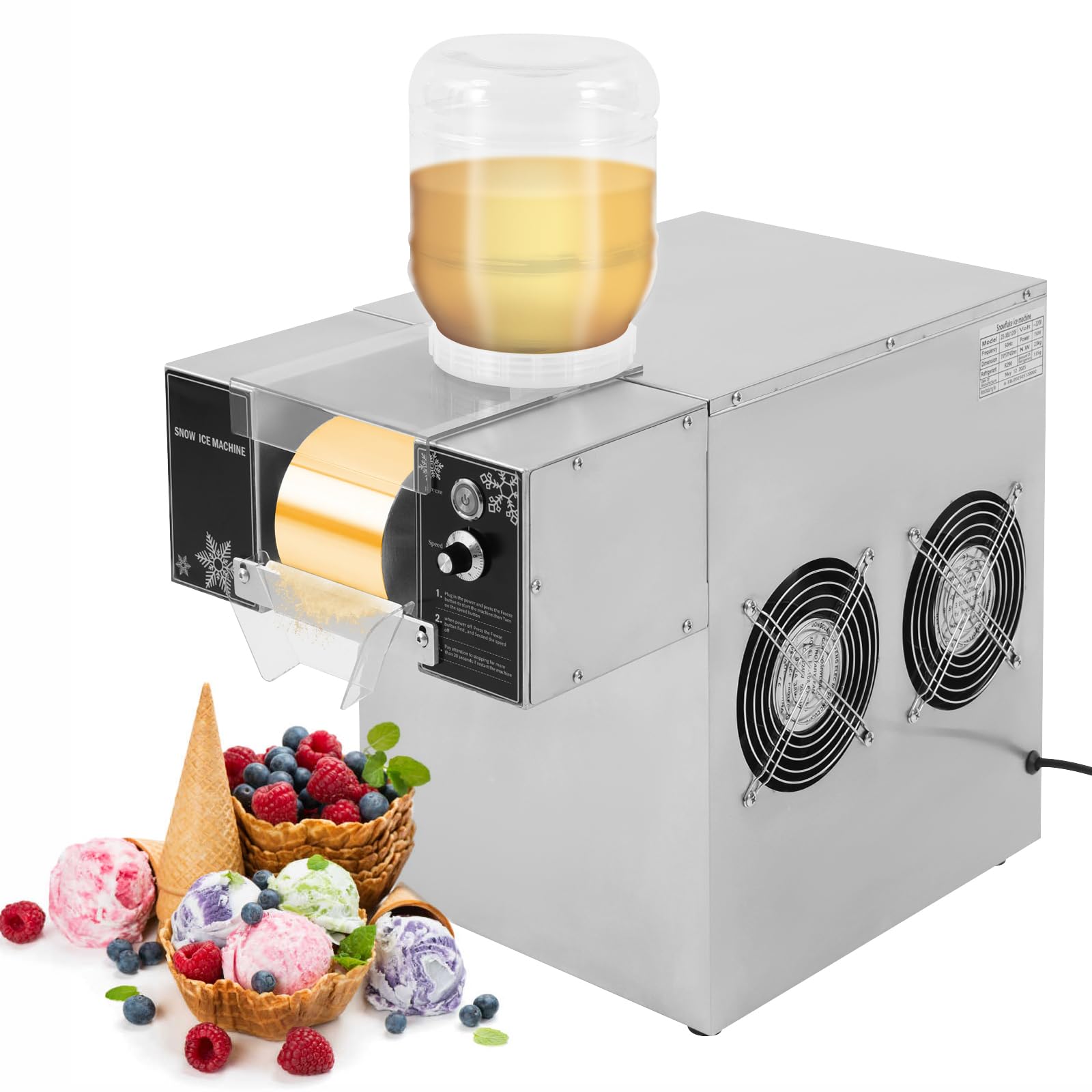 Professionelle Schneeflockeneismaschine 120kg/Tag 304 Edelstahl 8 Geschwindigkeiten Luftkühlung Doppelbehälter 5L x2 220V