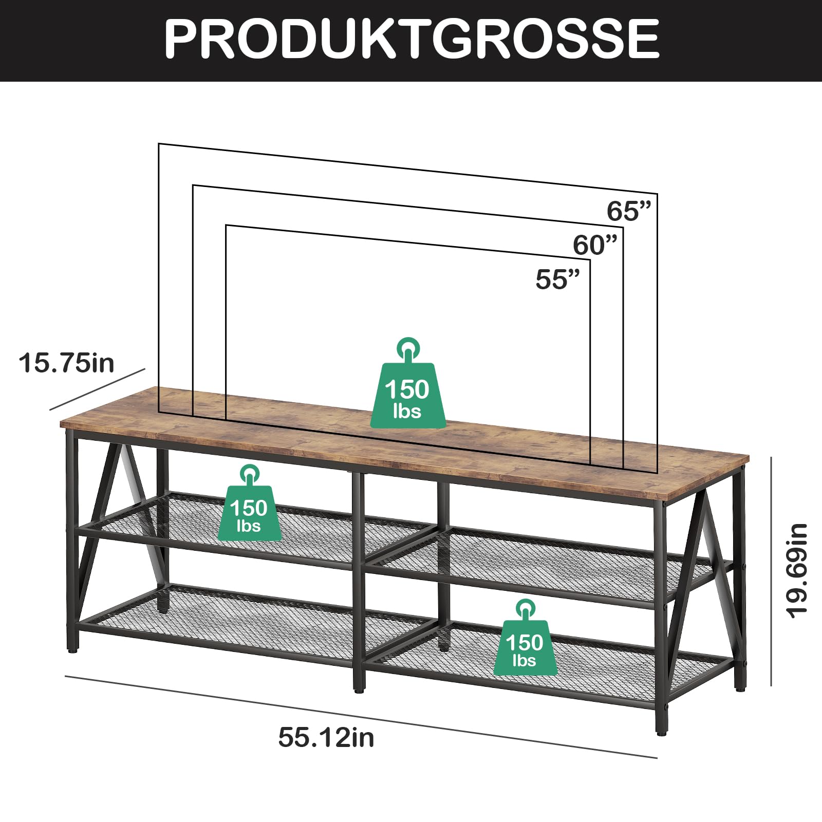 Garden 4 you Tv Tisch,Fernsehtisch,TV-Schrank,Lowboard Tv Schrank für Fernseher bis zu 65 Zoll, Fernsehschrank mit 3 offenen Fächern, TV-Regal Industrie Design, Stahlgestell, 140 x 40 x 50 cm,Braun