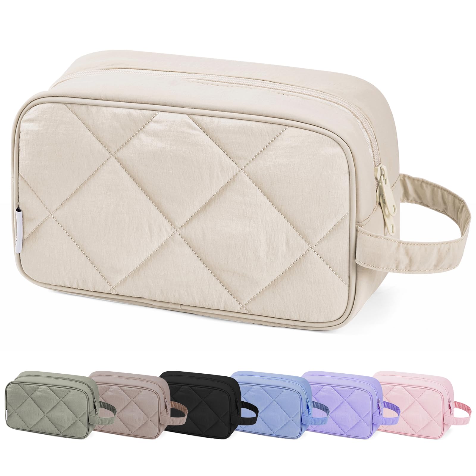 Narwey Große Kosmetiktasche für Damen & Herren - Wasserdichter Kulturbeutel mit Reißverschluss, Schminktasche Reise Essential, Toilettenorganizer für Make-up, Reisezubehör (Gesteppte Beige)