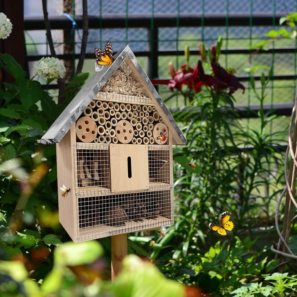 Hotel De Insectos para Exterior Colgar, Casa De Insectos De Madera para La Decoración del Jardín Arbol, Casita Insectos con Techo Metalico Y Gancho, para Abeja Mariposa Mariquitas Vivas Insectos