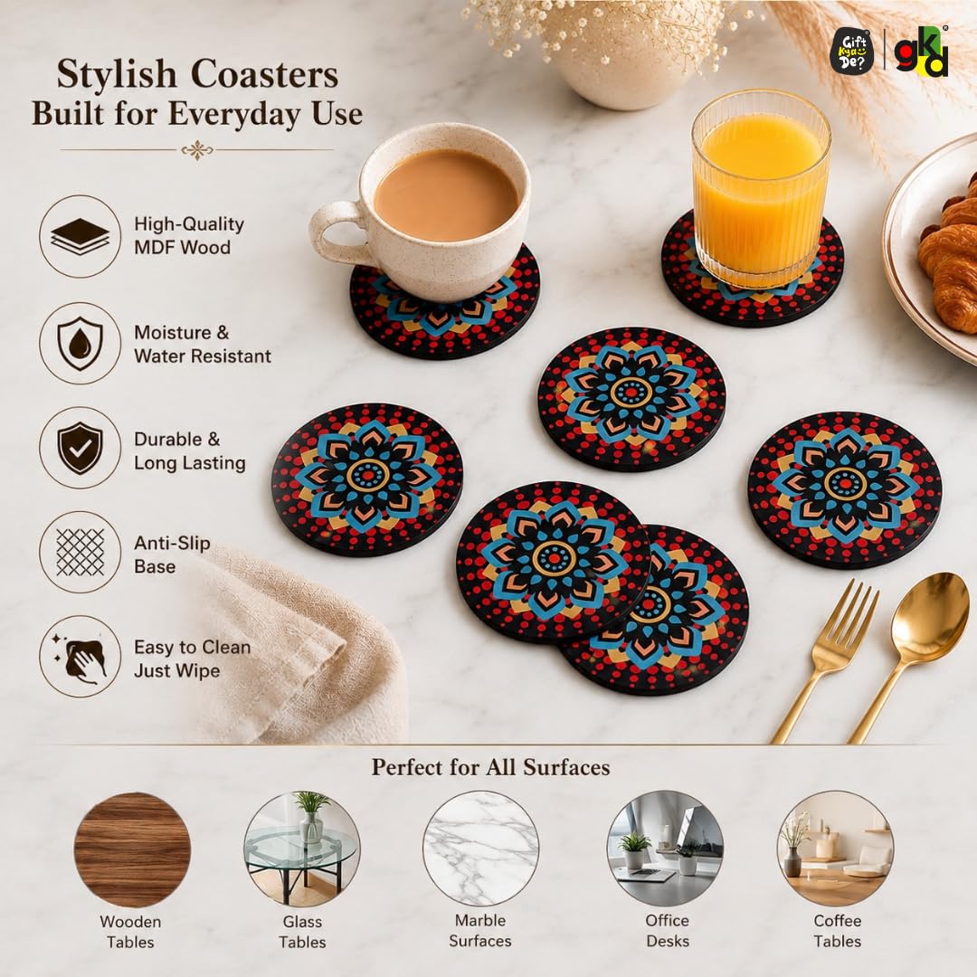 GKD Coaster Set of 6 Beautiful Wooden Coasters with Proper Coaster Stand | Designer Coaster Set Fit for Tea Cups, Coffee Mugs and Glasses (Round and Designer 3.5 X 3.5 Inch) (Black) 2