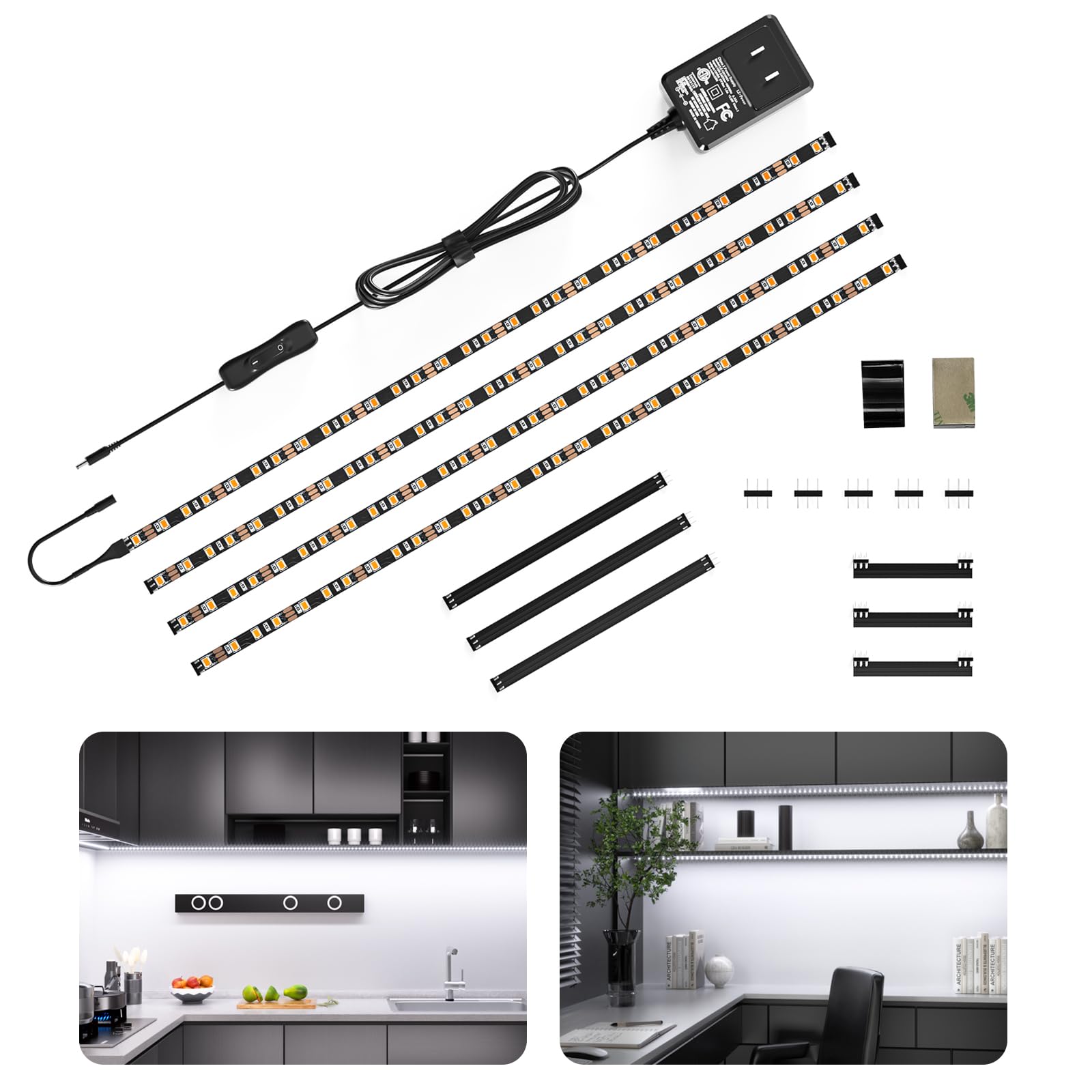 WOBANE Striscia Led Cucina Sottopensile 2 metri, 4X50cm Strisce Led Adesiva per Cucina con Interruttore e Spina, 1200LM Illuminazione Sotto Pensile per Vetrine,Scrivania,TV, Bianco Freddo 6000K, Nero