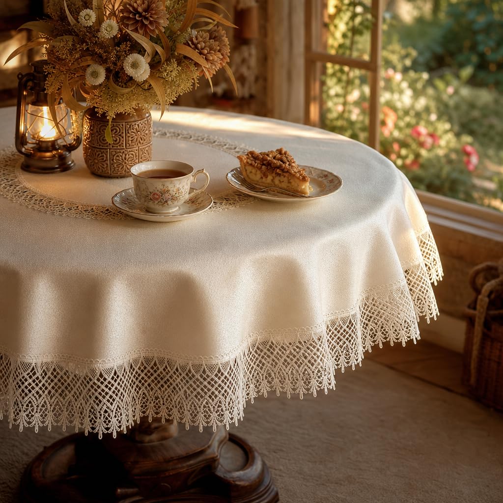 ARTABLE Round Tablecloth Lace Rustic Macrame Embroidered Table Cloths for Harvest Dresser Decor Farmhouse Kitchen Home (Ivory-2, 60" Round)
