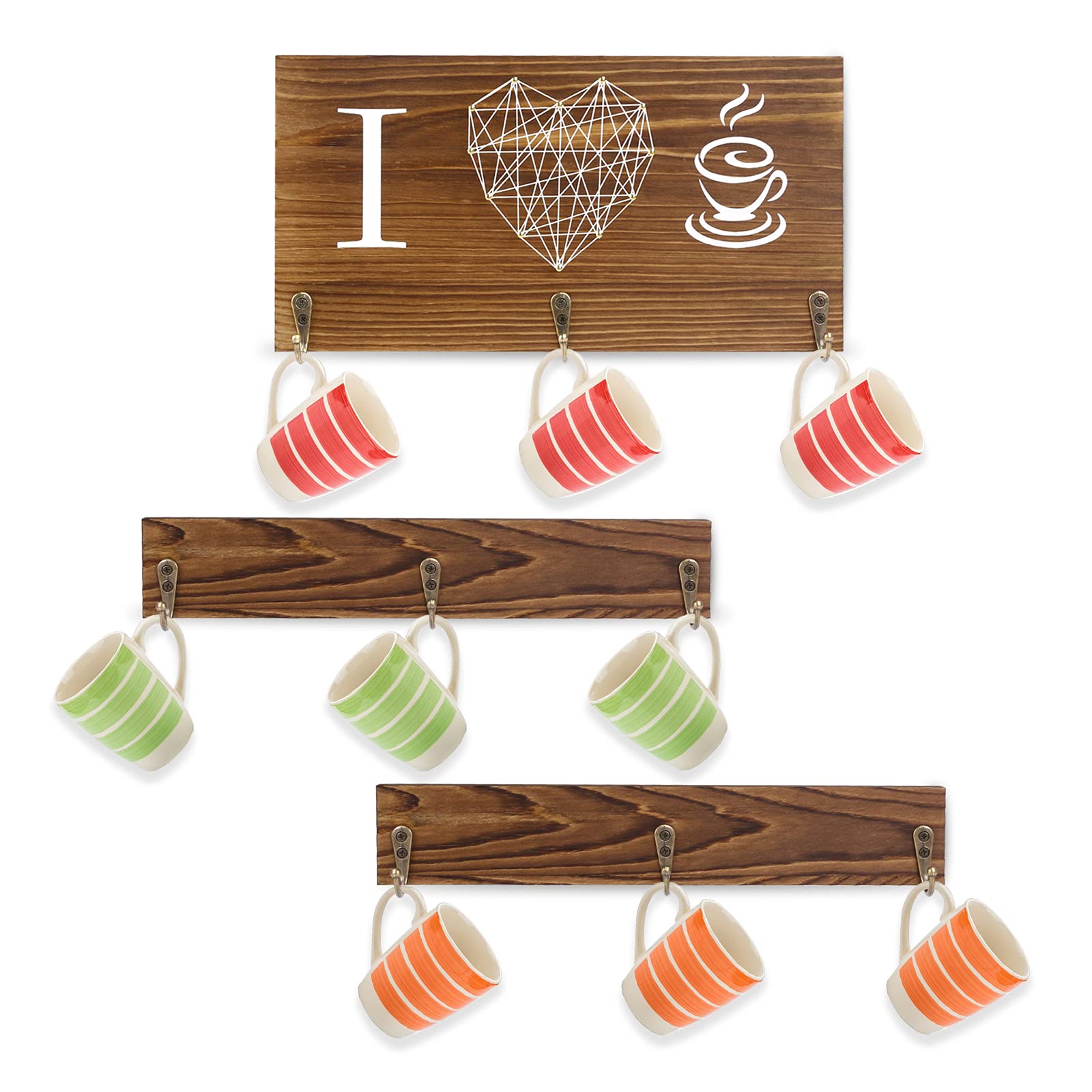 Dr.HeiZ Coffee Mug Holder, Heart String Art Coffee Mug Rack Wall Mounted, Rustic Wood Coffee Cup Holder with 9 Hooks for Home, Kitchen Display Storage and Collection