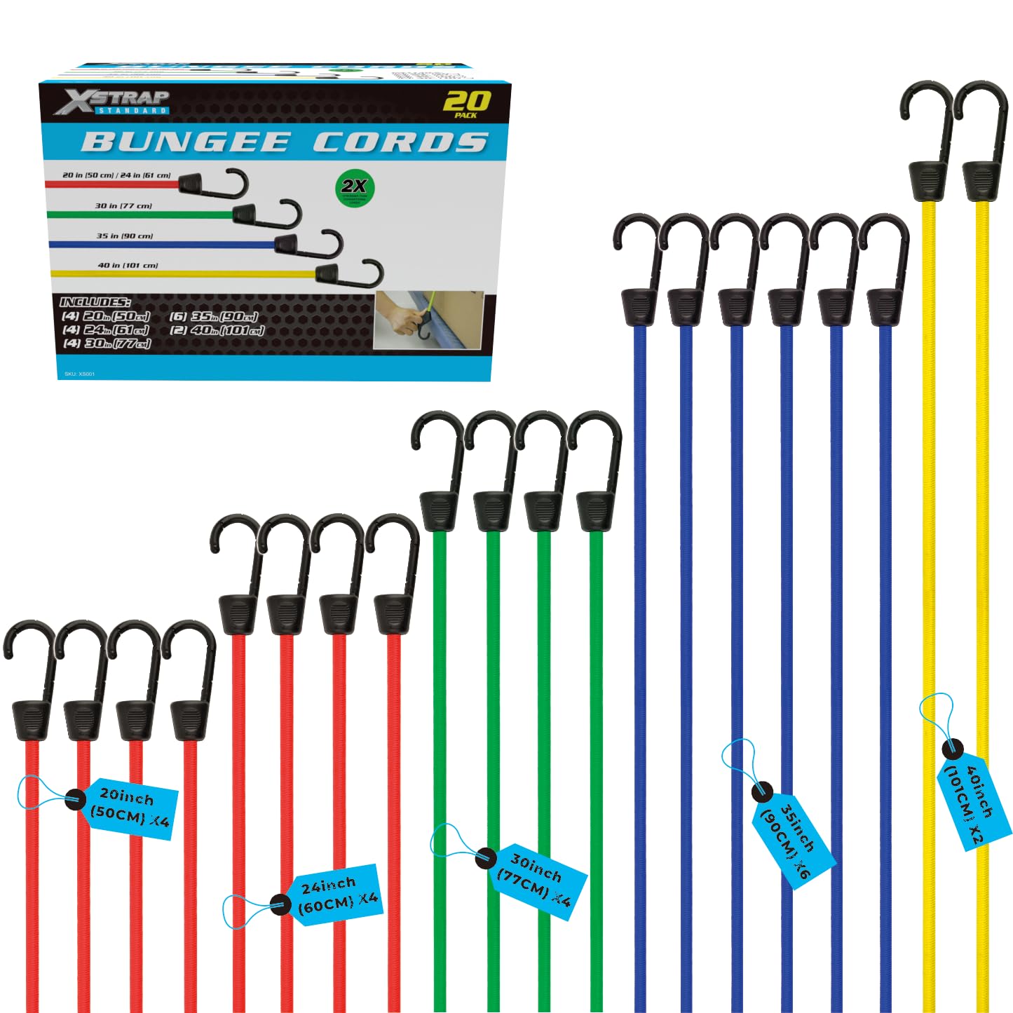 XSTRAP STANDARD 20 sztuk najwyższej jakości sznurków bungee - zawiera 50 cm, 61 cm, 76 cm, 89 cm, 100 cm sznurki bungee z haczykami