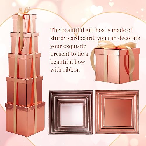 Miniatura 10 de Cholemy Caja de regalo de 5 piezas con tapa y cinta, 5 tamaños mixtos cuadrados anidados tarjeta de recuerdo, cajas de regalo, caja de regalo, cajas