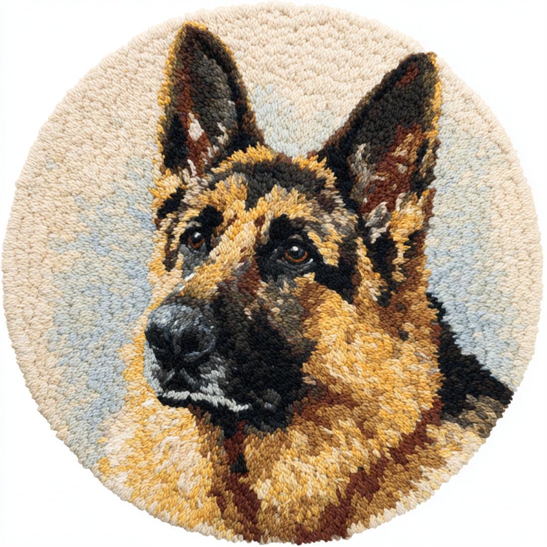 Rqwybcaxn DIY Rug Latch Hook Kits for Adults Animal Needlework Kit Cartoon German Shepherd 50x50cm Round Pre-Printed Mesh Fabric Carpet Living Room Home Decor