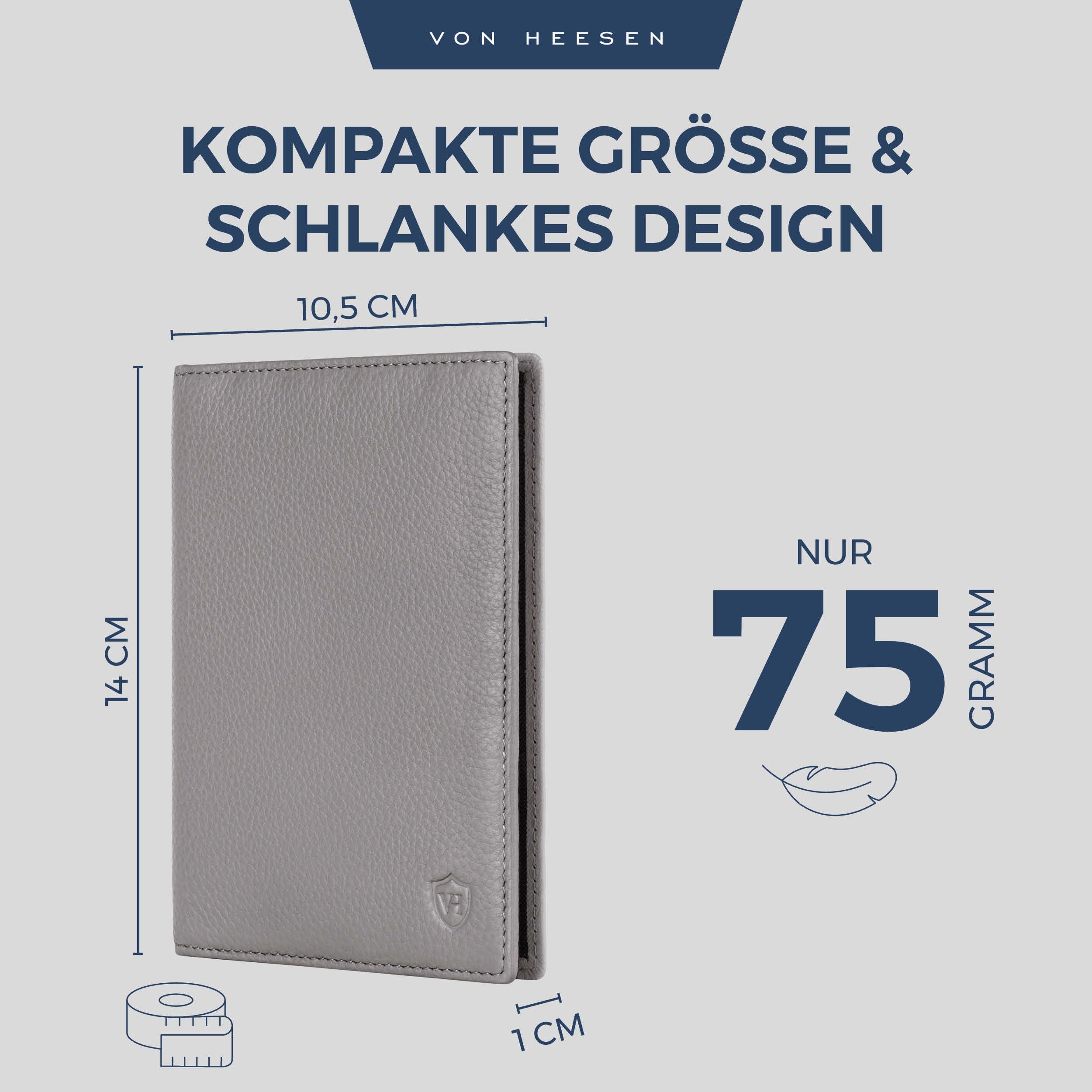 VON HEESEN Funda de piel para pasaporte con protección RFID para hombre y mujer, gris, Funda para pasaporte
