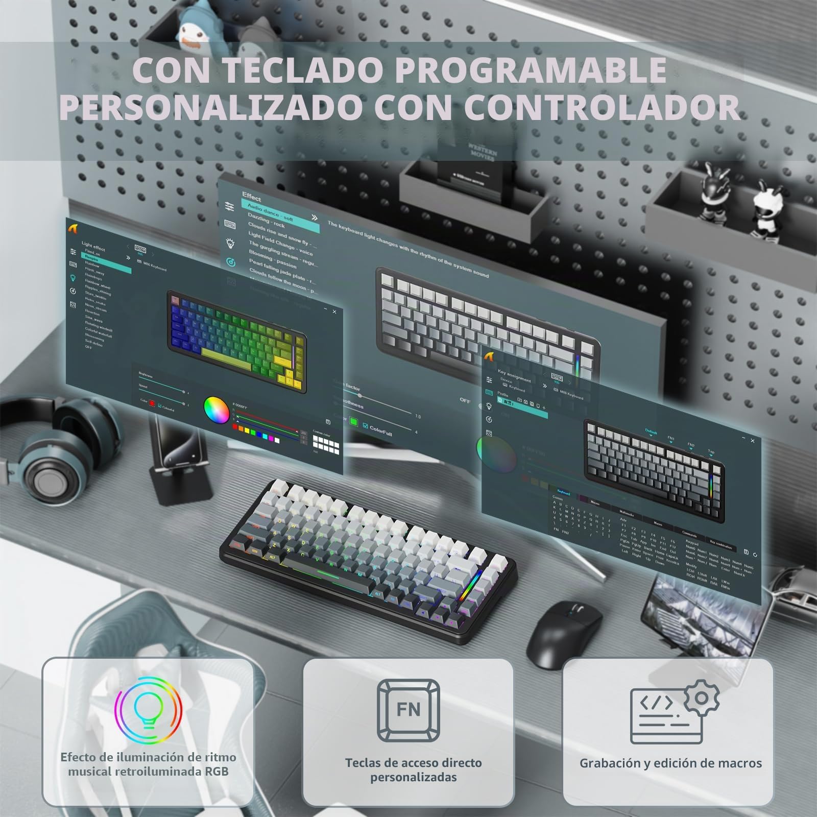 LexonElec X Attack Shark M86 Pro Teclado mecánico inalámbrico, BT/2.4G/con Cable, 4000 mAh, Hot-swappable, Interruptor Lineal, QWERTY, Teclado para Juegos RGB y Cable en Espiral. (Negro Degradado)