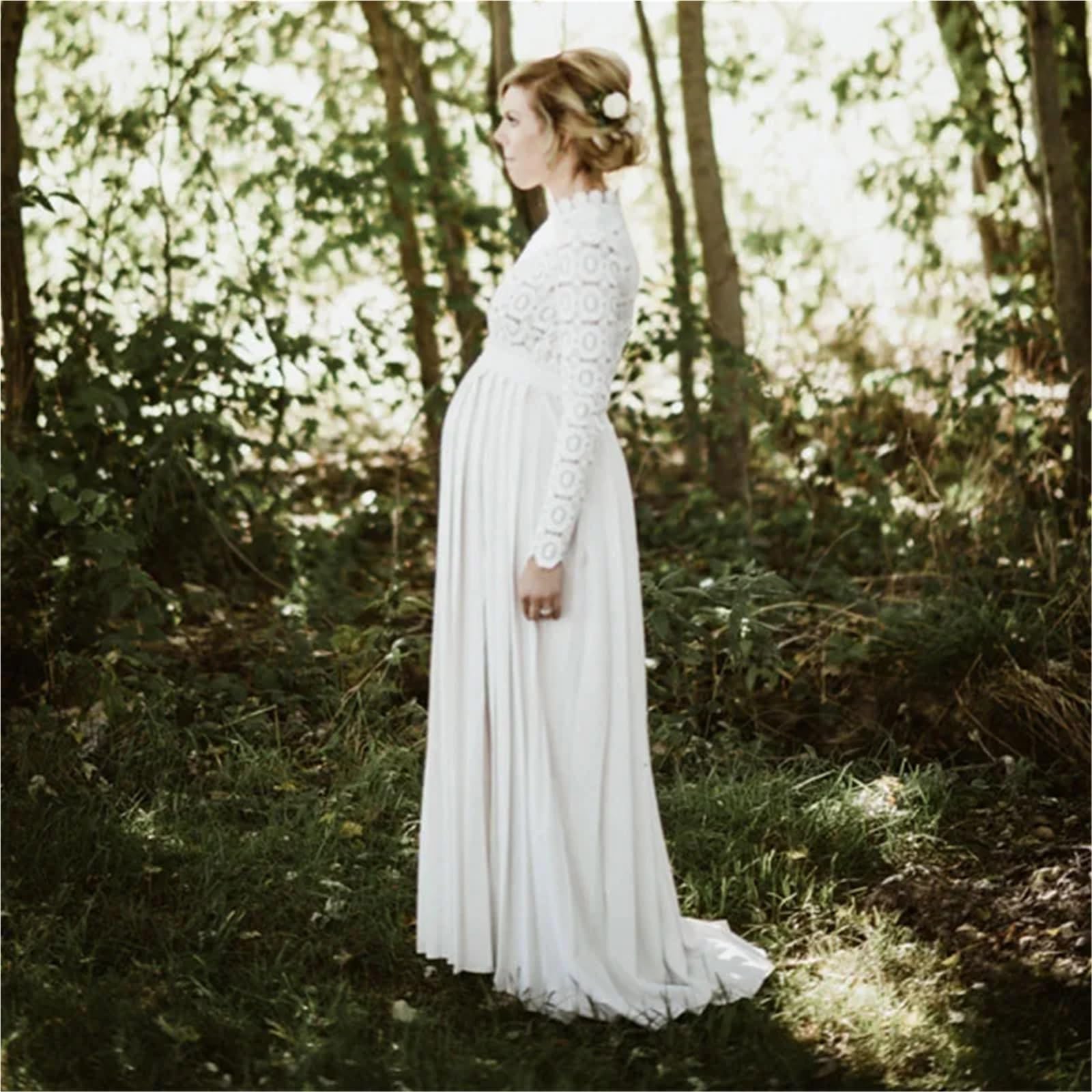 Vestiti Gravidanza Abito da Sera Premaman Bianco for Baby Shower, Foto di Sessioni di Gravidanza, Elegante Abito Lungo con Spacco Traforato A Maniche Lunghe Premama da Donna(S)