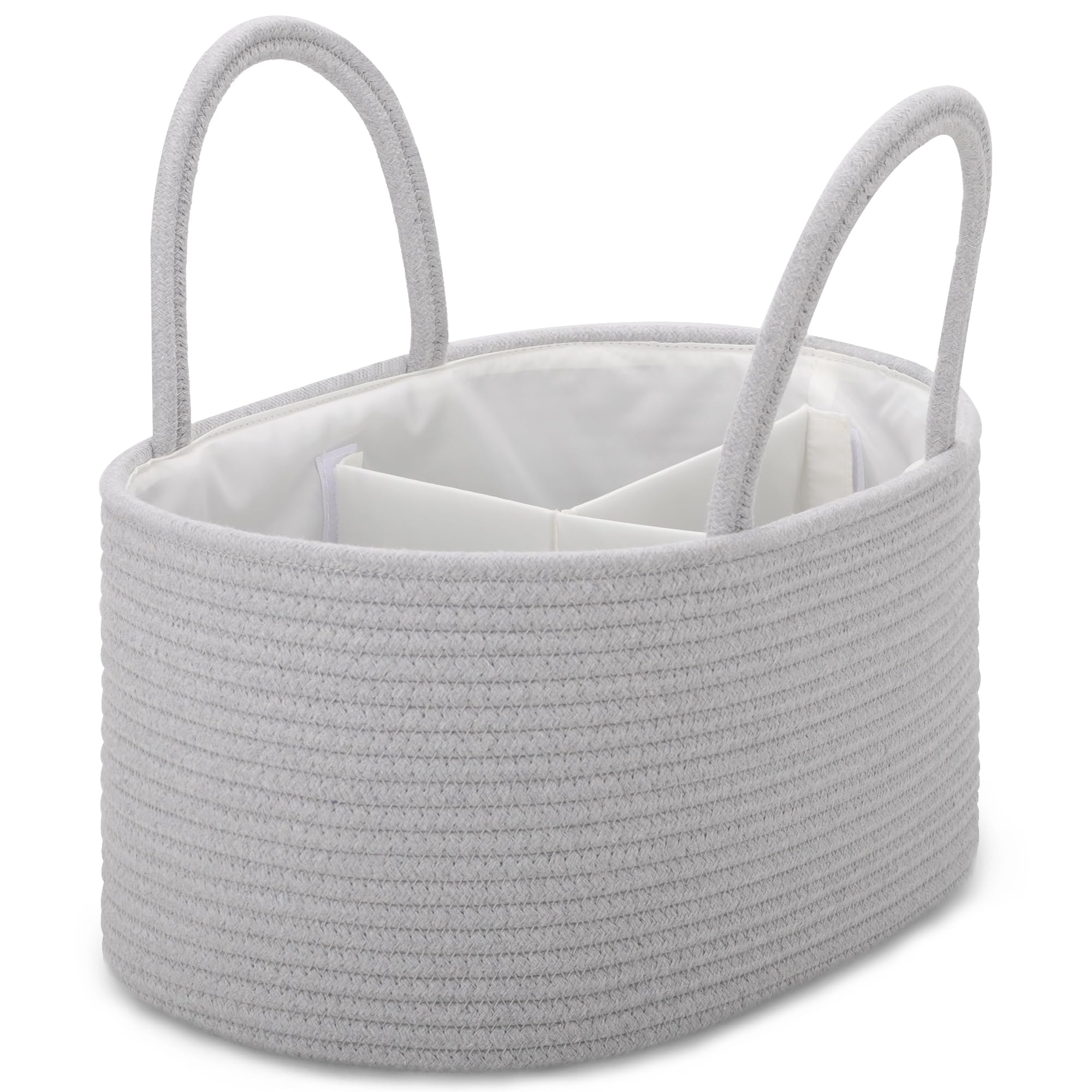 COMSE Large Nappy Caddy Organizer for Girl Boy, Baby Car Diaper Caddy with Handles, Cotton Rope Diaper Basket, Baby Shower Gifts Newborn Essentials Registry Must Have, Cool Gray