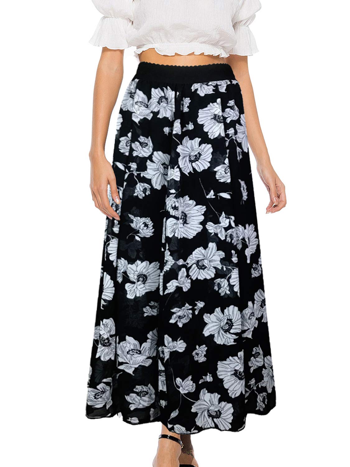 Florboom Women's Sheer Chiffon Flowy Floral Maxi Long Skirt Black White M