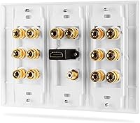 Vista 3 de Fosmon HD8006 placa de pared de 3 grupos para sonido envolvente 7.1 de Home Theater con uniones de cobre chapadas en oro. Blanco