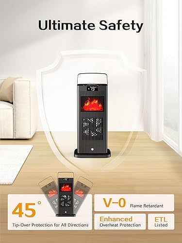 Miniatura 5 de Calentador de espacio portátil ETL y UL 2025 con efecto de llama de chimenea, 1500 W, oscilante, eléctrico, PTC de cerámica, modo ecológico,