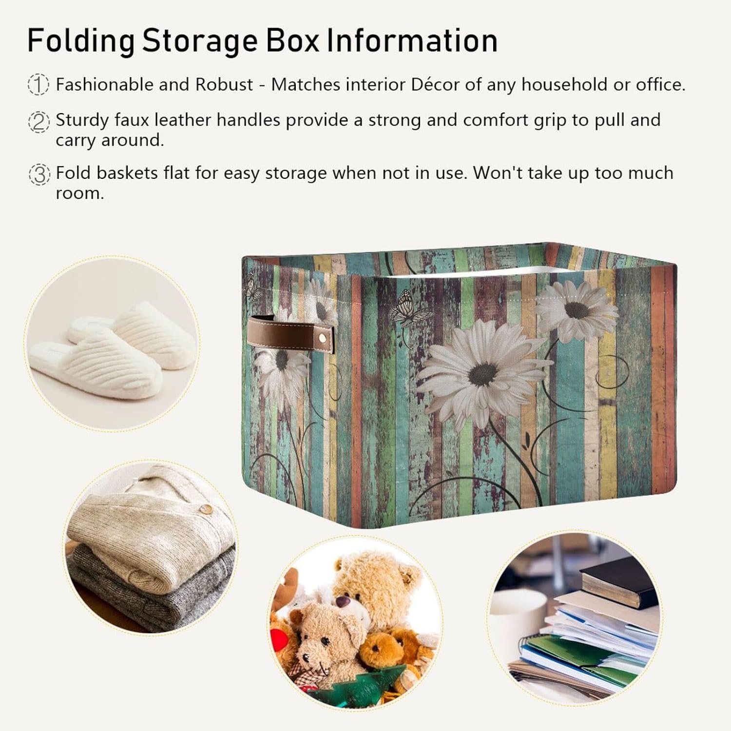 Vintage s Board Storage Basket Bin for Shelves Closet Wooden Foldable Fabric Storage Box Cube with Handles Kids Gifts Toys Cloth Shelf Basket Organizer for Bedroom Nursery Home Decor