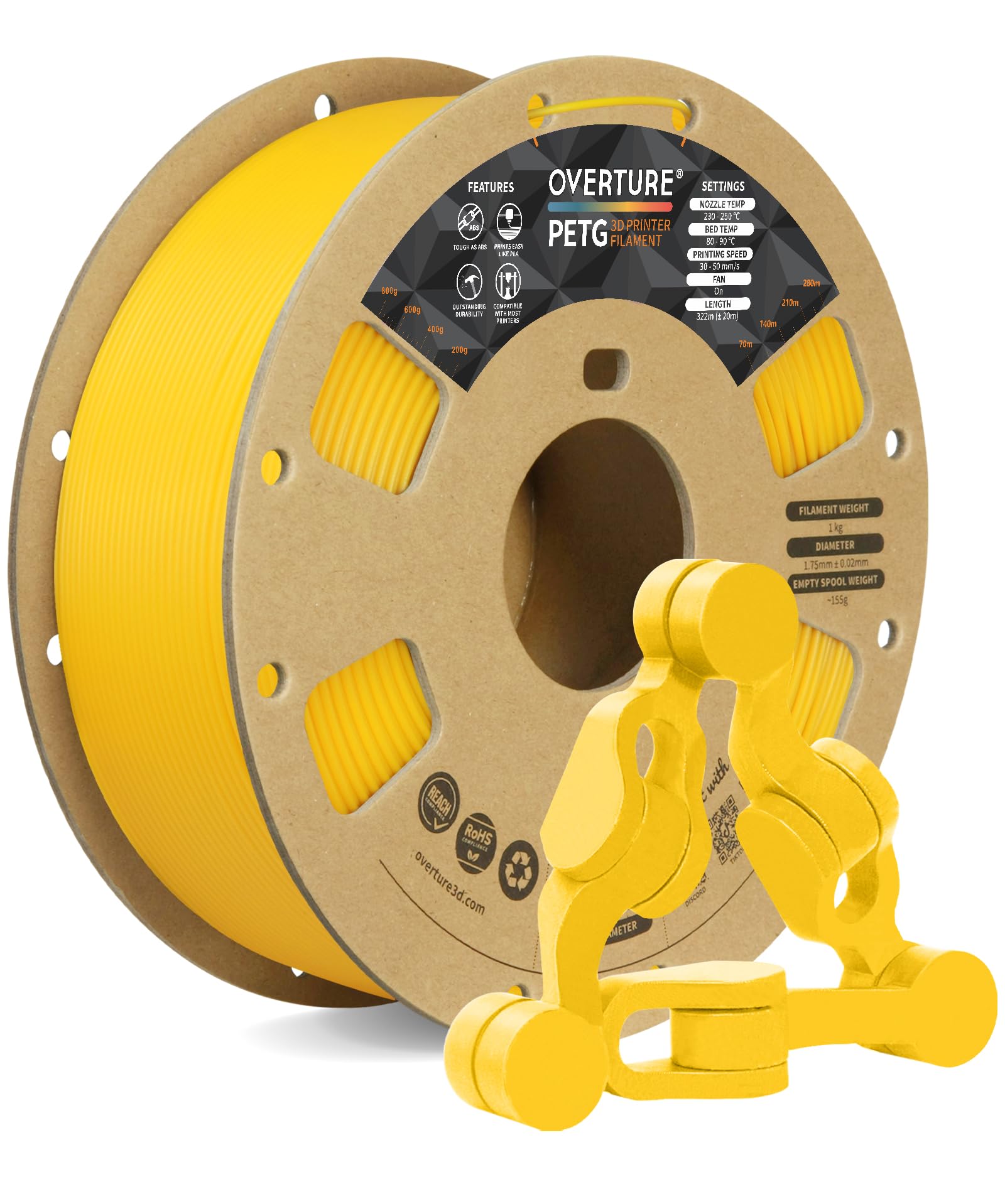 OVERTURE Filamento PETG 1.75mm, 1kg Bobina(2.2lbs), Neatly Wound Durevole PETG Filament per Stampante 3D, Precisione Dimensionale +/- 0.02 mm, 3D Printer Filamento (Giallo)