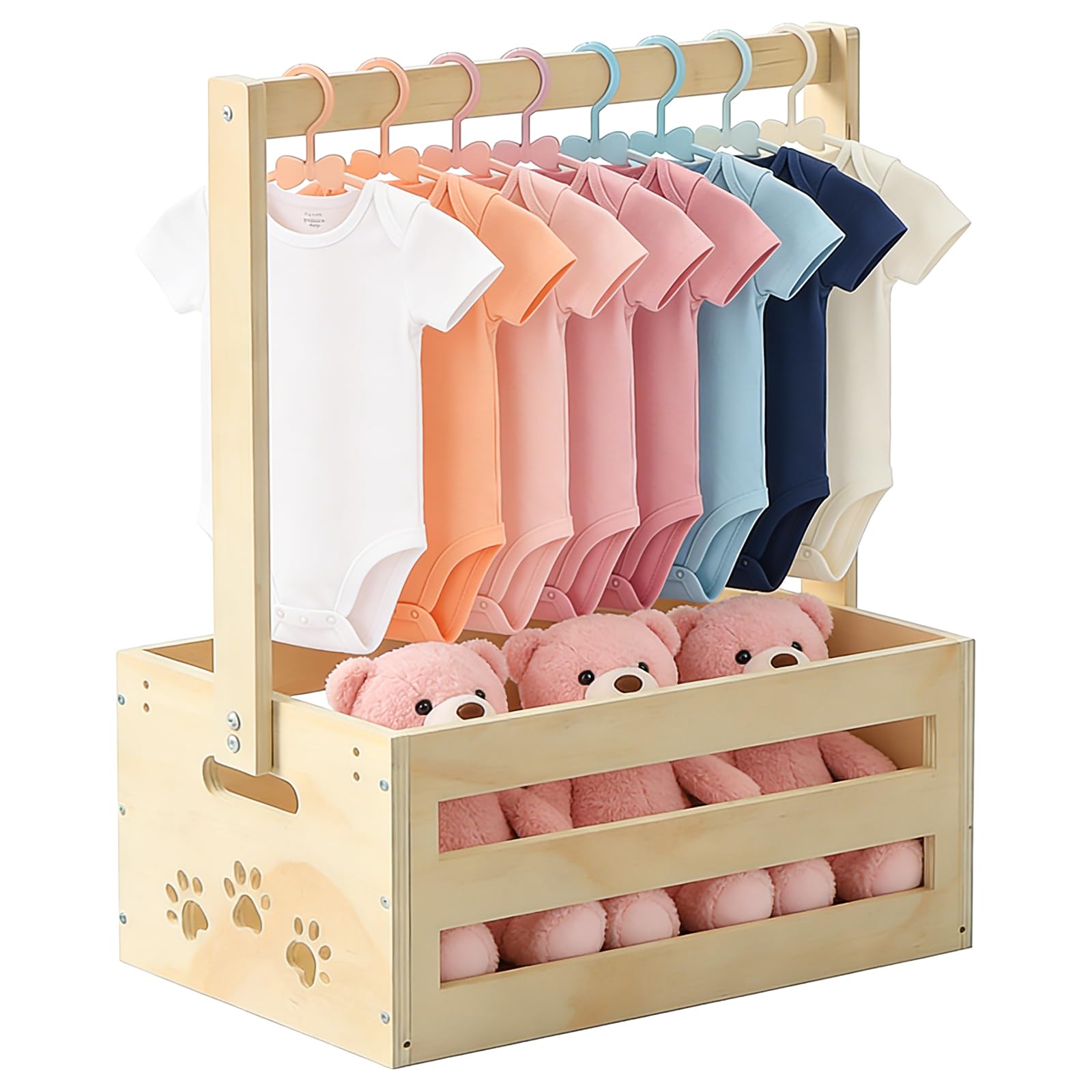 Babyparty Geschenk mit Griff, Baby Aufbewahrungskorb mit 8 Kleiderbügel, Holz Baby Geschenk Korb, Babykorb Neugeborene für Schwangere Neue Eltern, Ideal für Windeln, Kleidung und Spielzeug