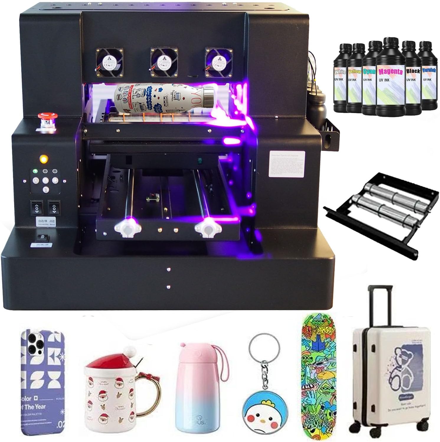 Sihao A3 UV Flatbed Printer L1805 with various accessories and sample prints