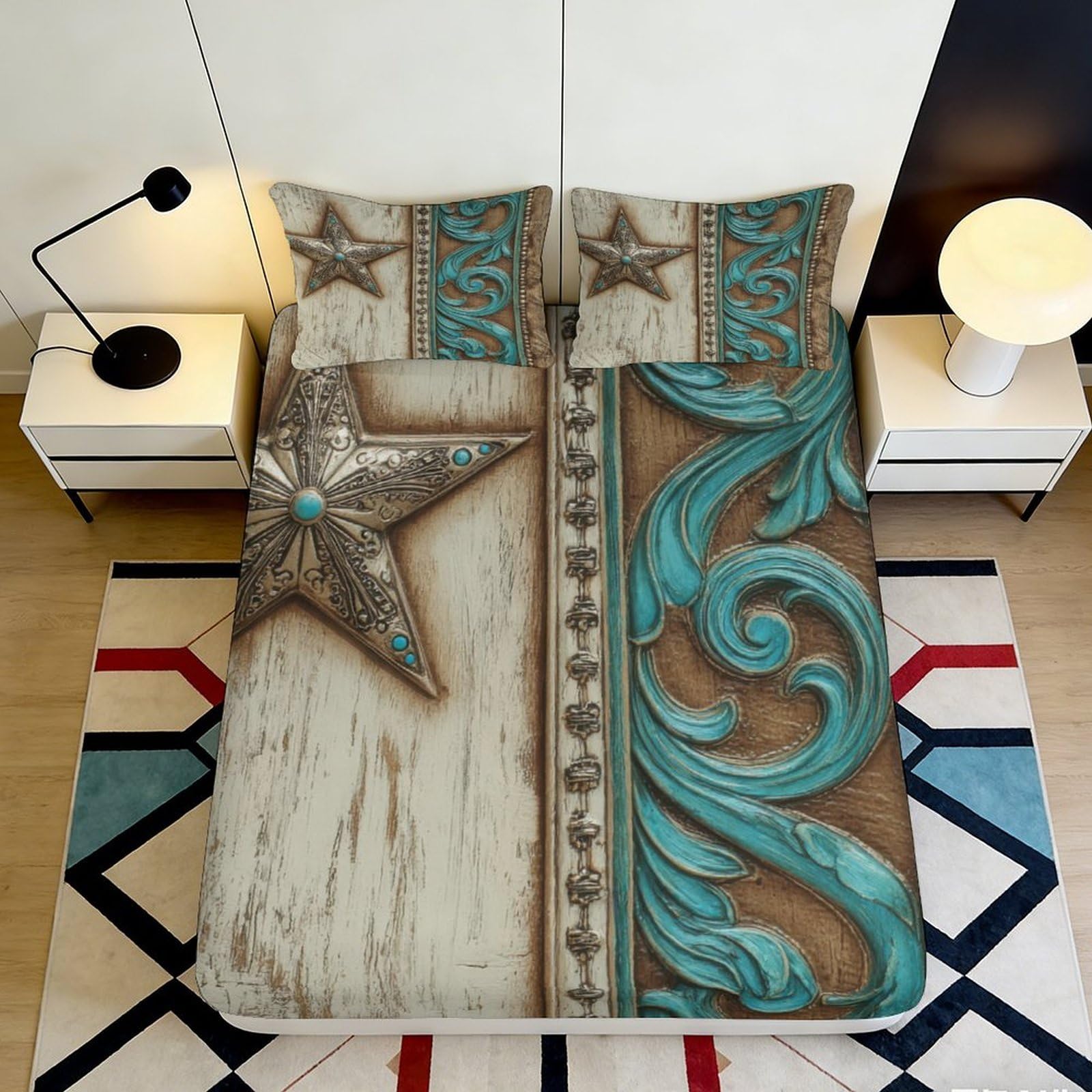 Pnayamiorkfel Style-6 3D Printed Vintage Western Star Fitted Sheet Microfiber Rustic Turquoise Bed Cover For Bedroom Guest Room Decor 90X200x25cm