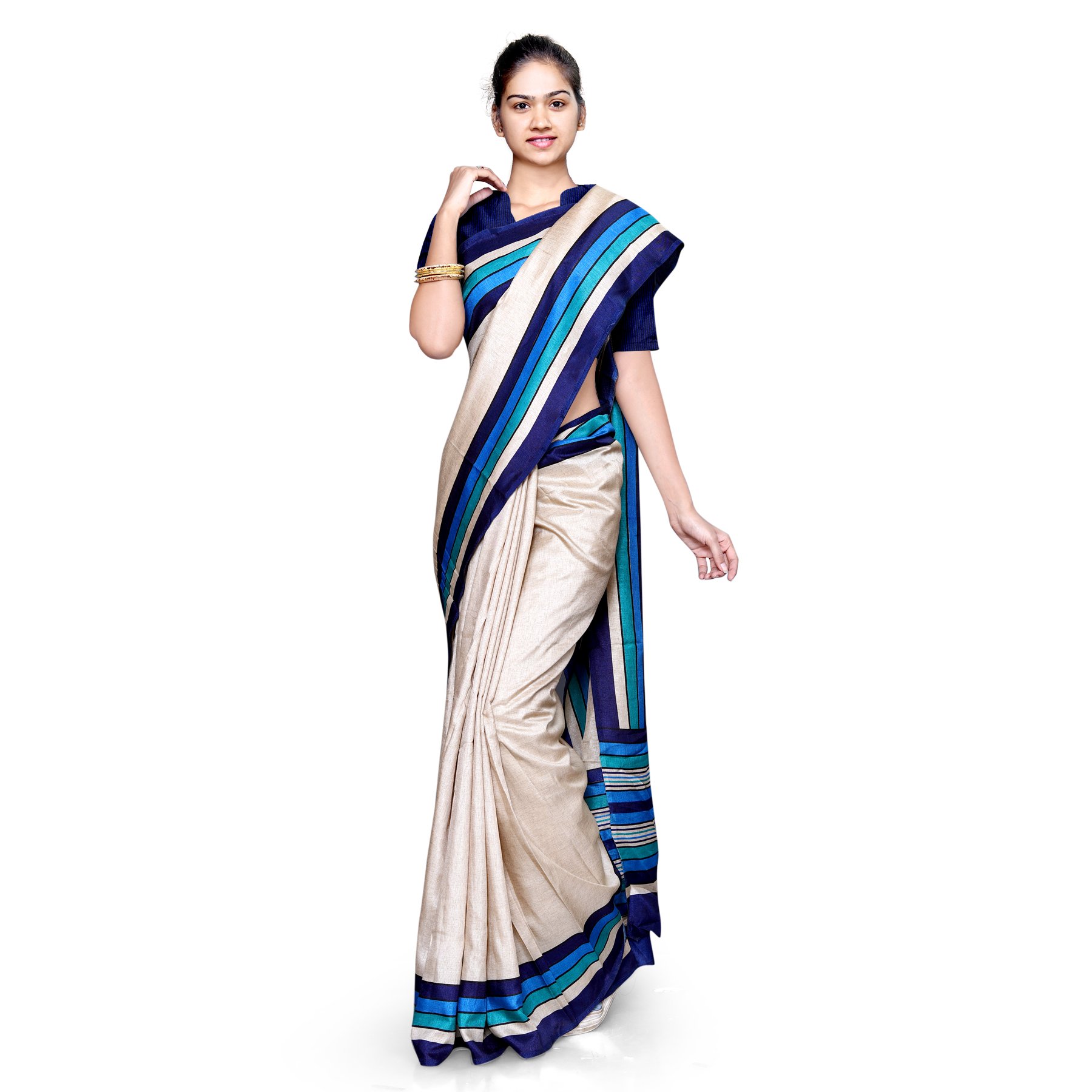 Uniform Sarees Corp Women's Plain Border Polycotton CotFeel School Uniform Saree With Blouse