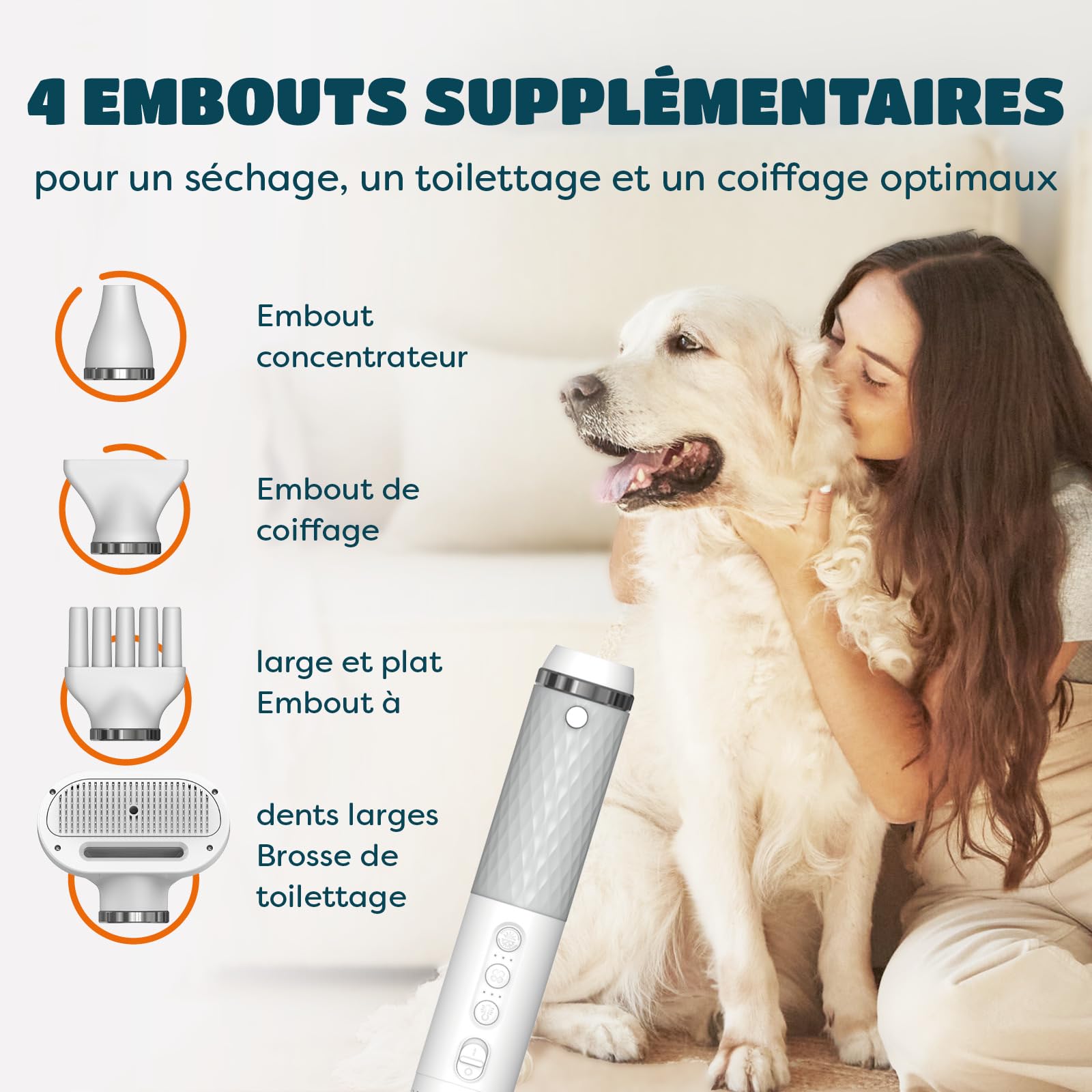 KUUBIA Séchoir 5 en 1 Pour Chien et Chat | Pulseur Avec Brosse Slicker | Sèche Poils Puissant 900 W | Portable, Silencieux, Ions Négatifs, NTC