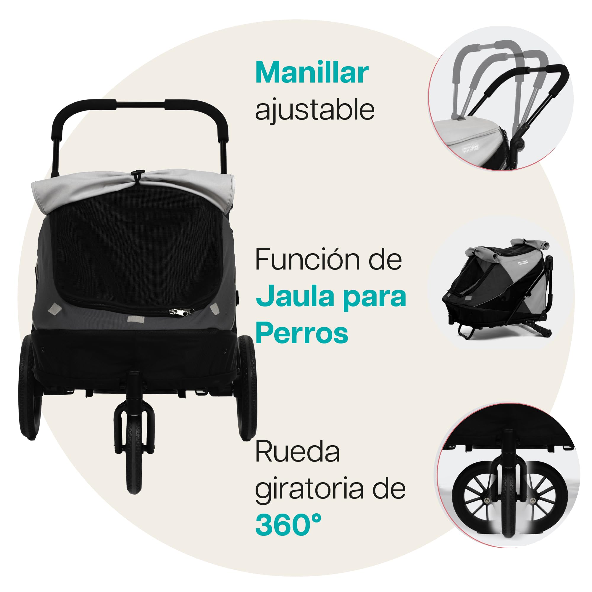InnoPet Noah Coche para Perros - Para Perros Pequeños y Medianos hasta 25 kg - Todo Terreno - Manillar Ajustable - Incluye Funda para la Lluvia - Gris