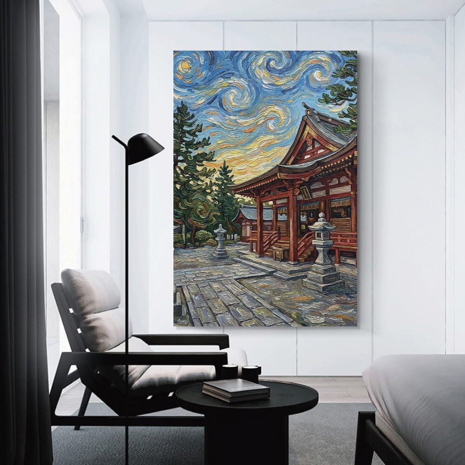 Junmoney Japanese Temple in Van Gogh Style Wall Art Print, 24x36inch(60x90cm), for Front Hall, Corridor Or Welcome Spaces, Wall Decor to Refresh Empty Corners