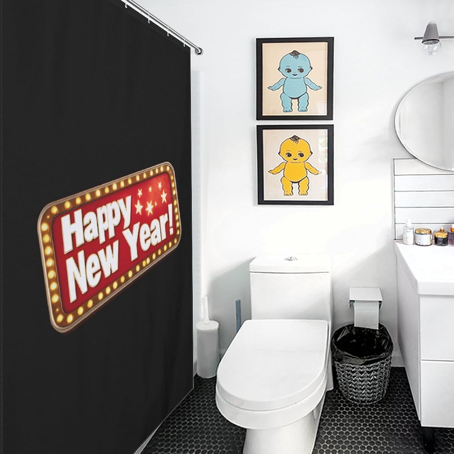 Happy New Year Funny Shower Curtains Washable Bath Curtain Liner with Hooks for Bathroom Bath Tubs