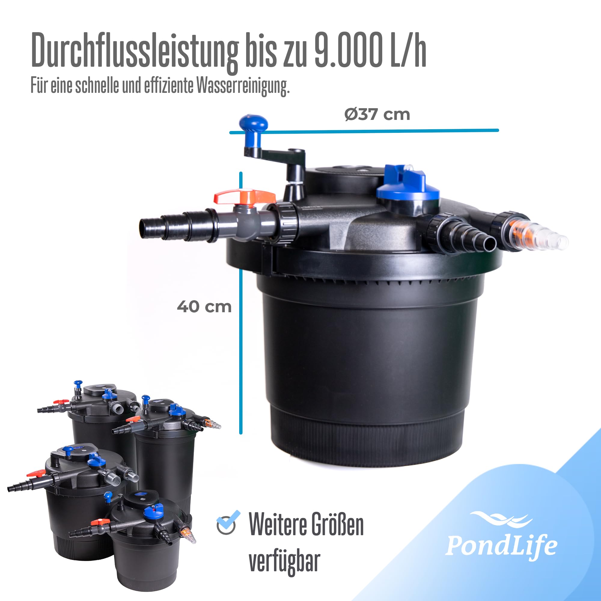 Pondlife CPF-5000 Druckteichfilter UVC 11 Watt, für Teiche bis 8000 Liter, Teichfilter mit Rückspülfunktion, 9000 L/h Fördermenge