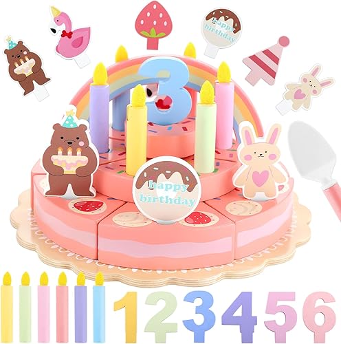 GAGAKU Juguete de madera para pastel de cumpleaños  Juego de pastel de cumpleaños falso de 3 niveles para niños pequeños, juego de comida de madera