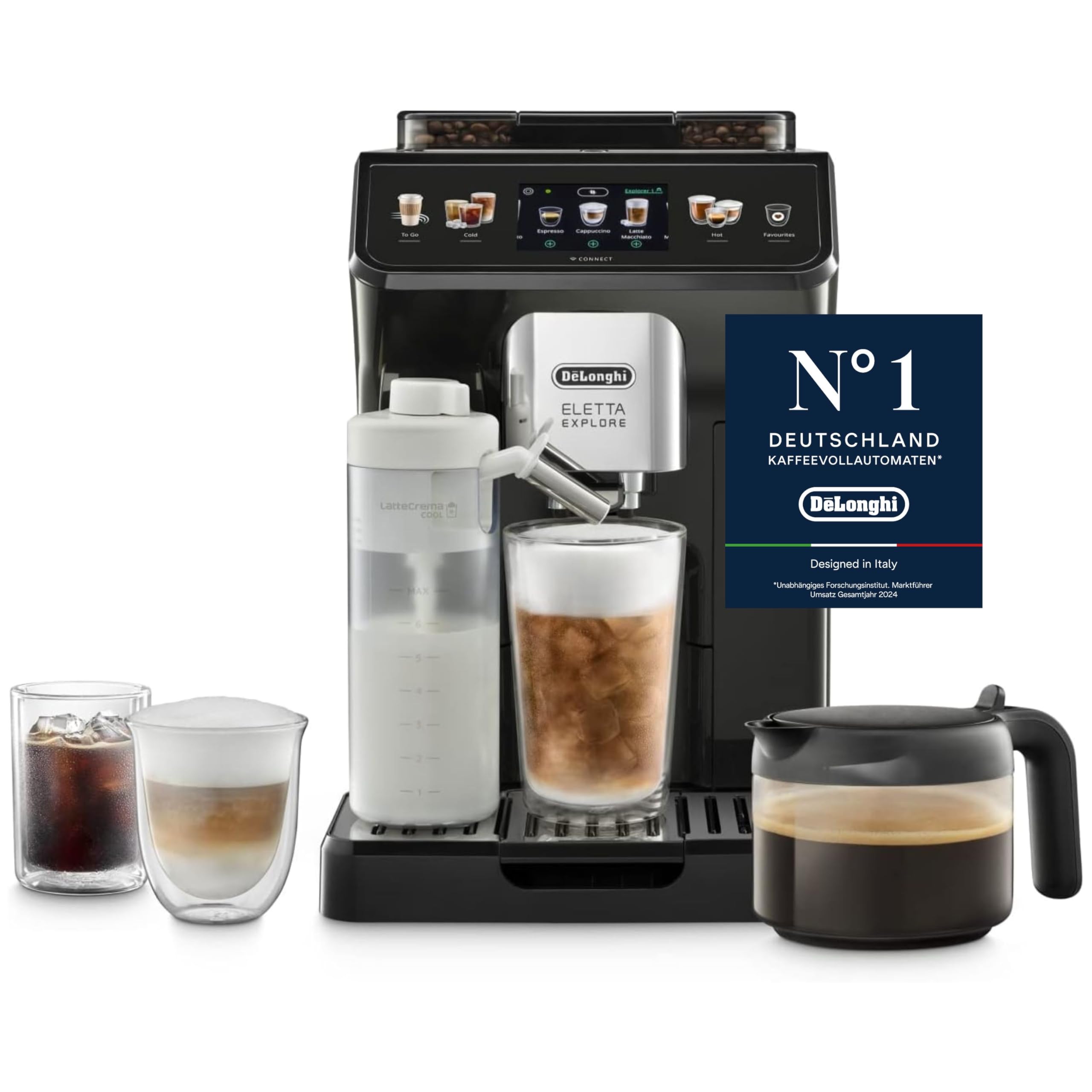 De'Longhi Eletta Explore Cold Brew ECAM452.67.G, Machine à Café Barista avec LatteCrema Hot and Cool, Machine à Espresso, Machine à Café Automatique, Extraction Froide, Pot à Café Inclus, Gris Foncé Avec Cold Extraction Technology