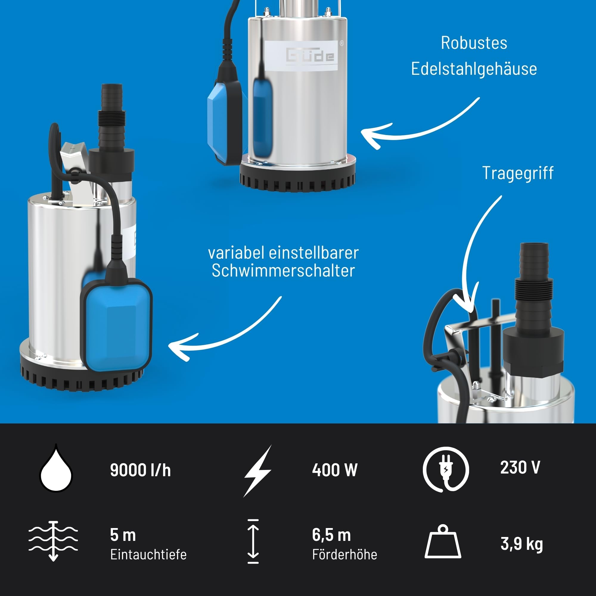 Güde Flachsaugerpumpe GFS 4000 INOX (400 W, 9000 l/h Fördervol., 6,5 m max. Förderh., 5 m max. Eintauchtiefe, 15 mm max. Absaugung, Noryl-Laufrad, Edelstahlpumpengehäuse, Thermoschutz, 10 m Netzkabel)