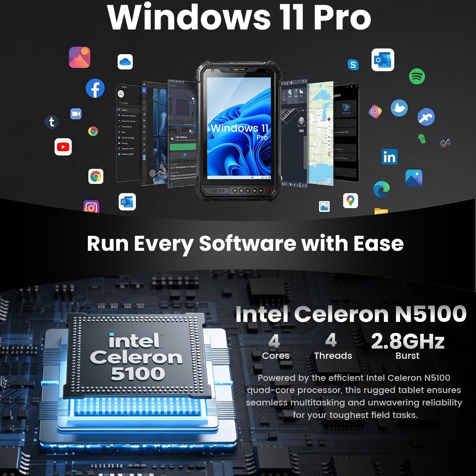 Kayoote ST9 Pro 8" Tablet Rugged con Lettore di Codici a Barre 1D/2D QR per Inventario, Win 11 Pro Tablet Industriale, Celeron N5100 8GB RAM 256GB ROM, IP68 Impermeabile, 5000mAh, 4G LTE, GPS, NFC